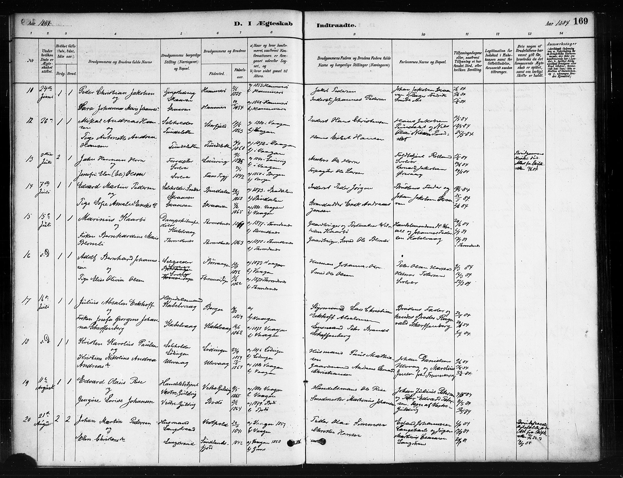 Ministerialprotokoller, klokkerbøker og fødselsregistre - Nordland, AV/SAT-A-1459/874/L1059: Ministerialbok nr. 874A03, 1884-1890, s. 169