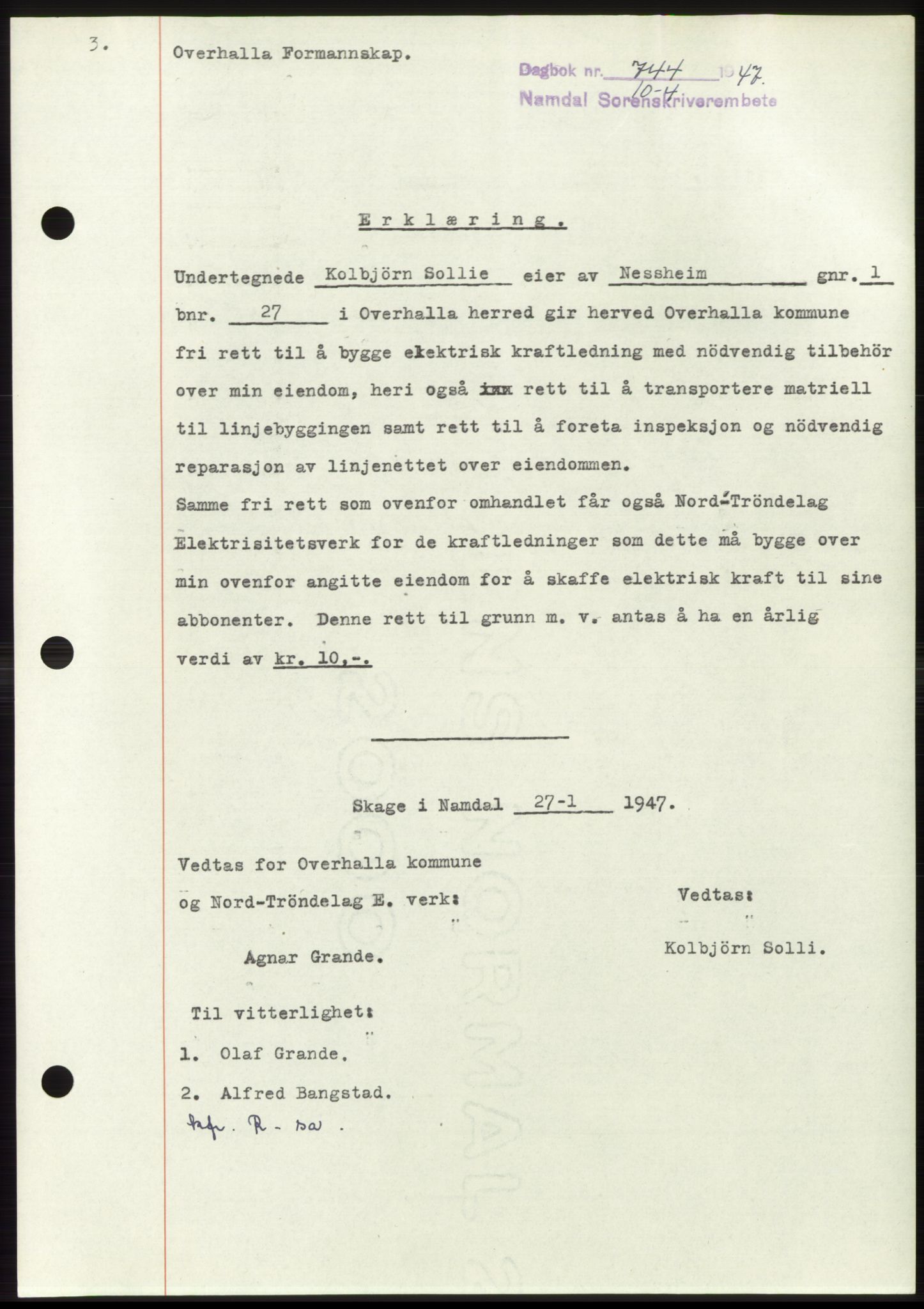 Namdal sorenskriveri, SAT/A-4133/1/2/2C: Pantebok nr. -, 1947-1947, Dagboknr: 744/1947