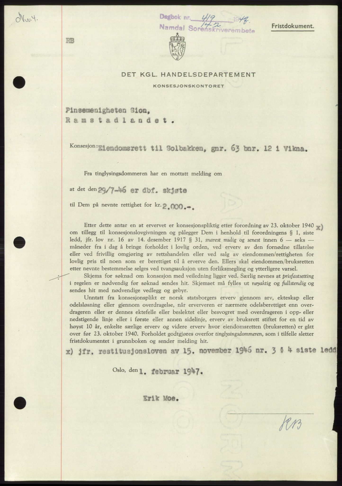 Namdal sorenskriveri, SAT/A-4133/1/2/2C: Pantebok nr. -, 1946-1947, Dagboknr: 419/1947