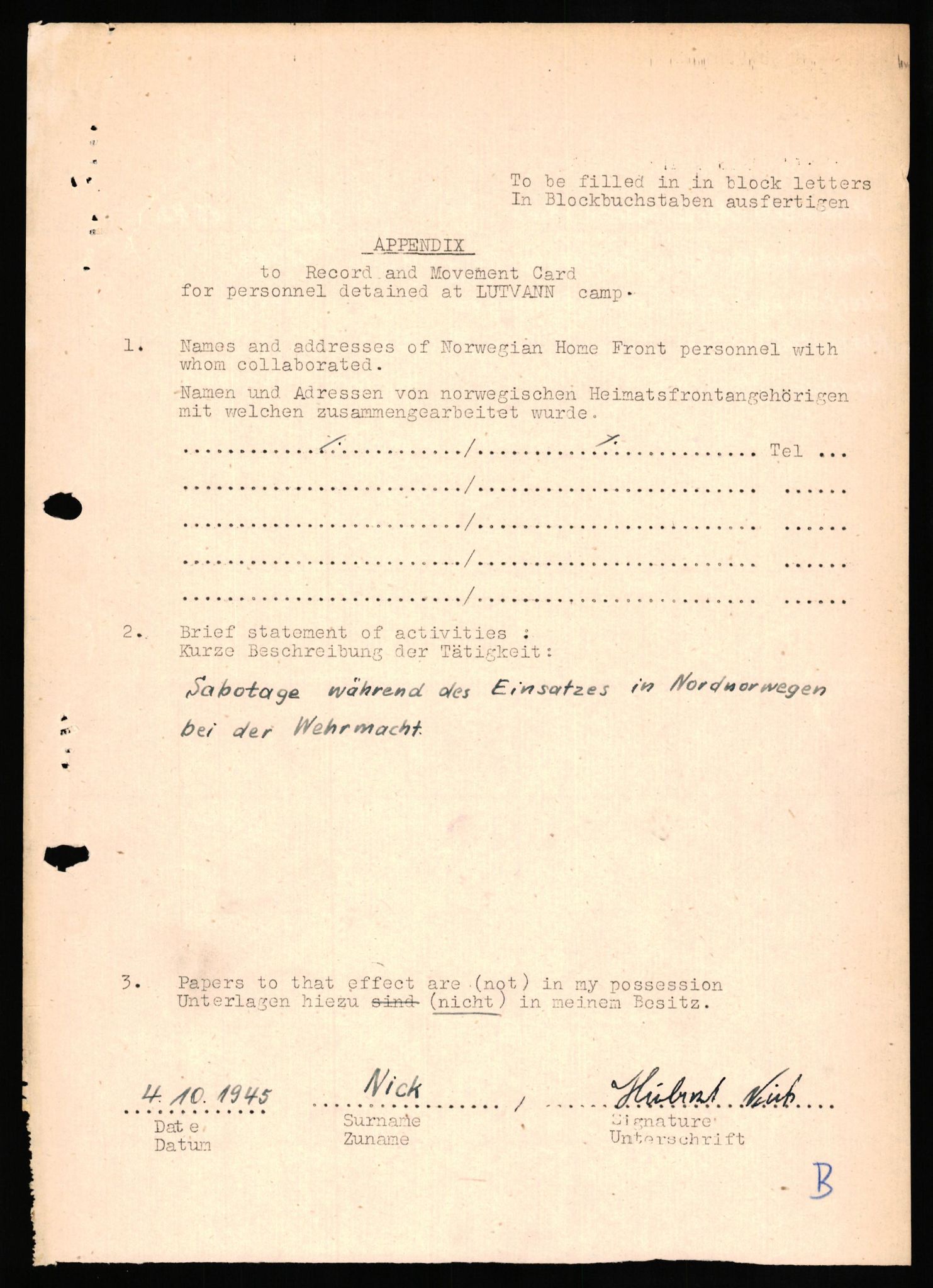 Forsvaret, Forsvarets overkommando II, AV/RA-RAFA-3915/D/Db/L0024: CI Questionaires. Tyske okkupasjonsstyrker i Norge. Tyskere., 1945-1946, s. 112