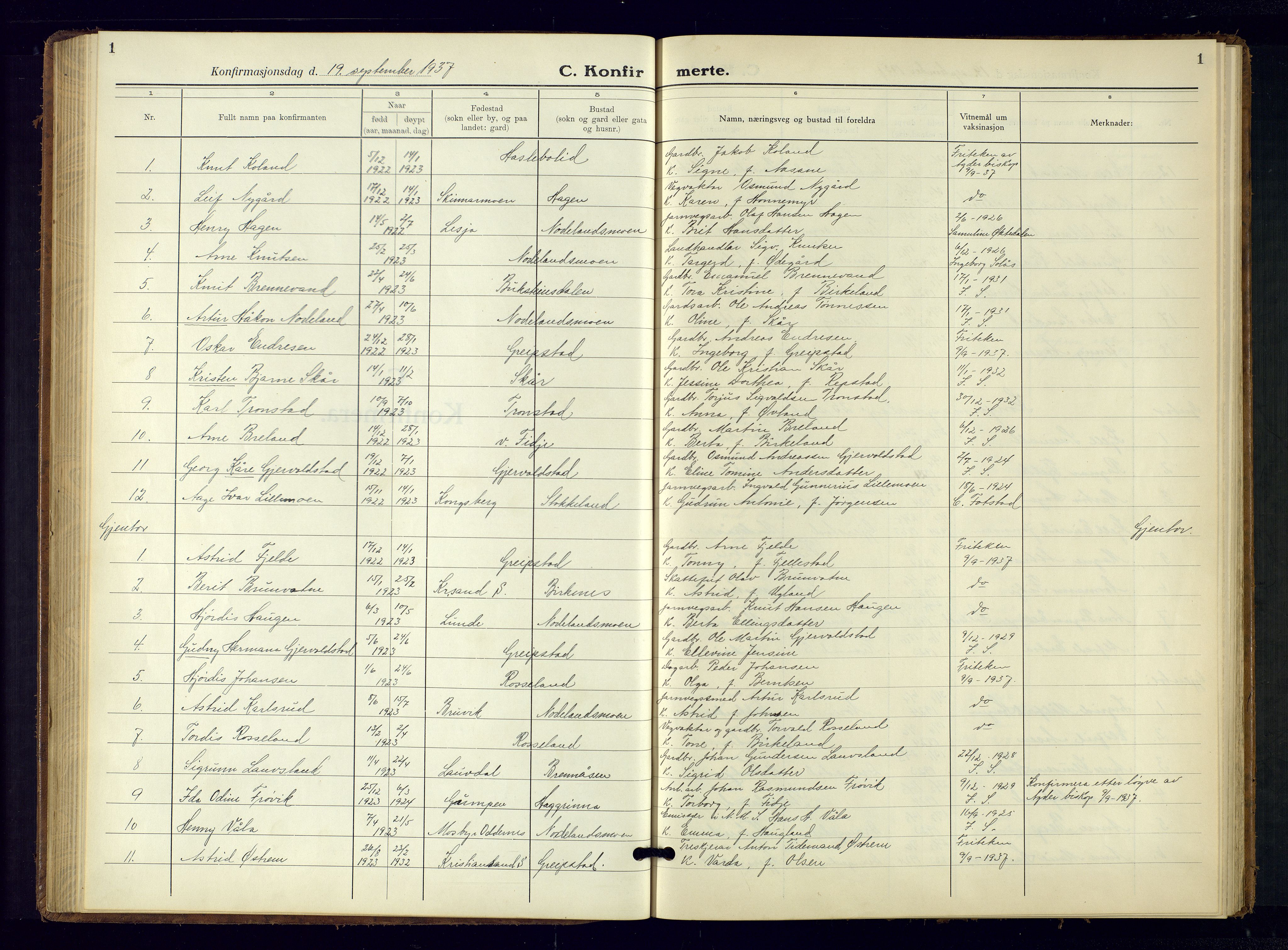 Søgne sokneprestkontor, AV/SAK-1111-0037/F/Fb/Fba/L0006: Klokkerbok nr. B 6, 1937-1966, s. 1