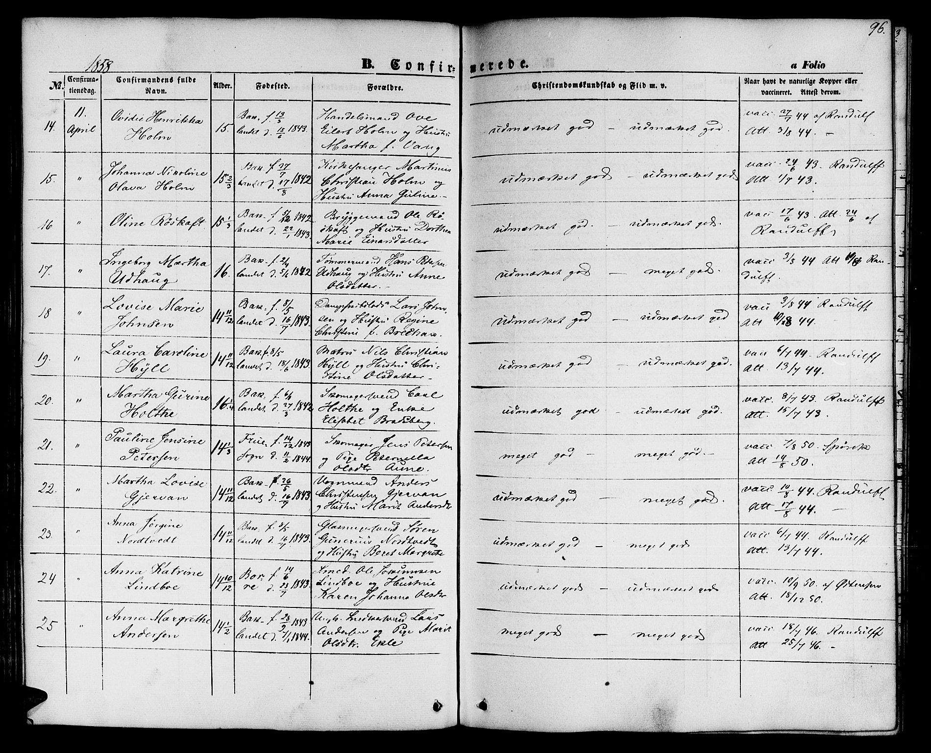 Ministerialprotokoller, klokkerbøker og fødselsregistre - Sør-Trøndelag, SAT/A-1456/604/L0184: Ministerialbok nr. 604A05, 1851-1860, s. 96