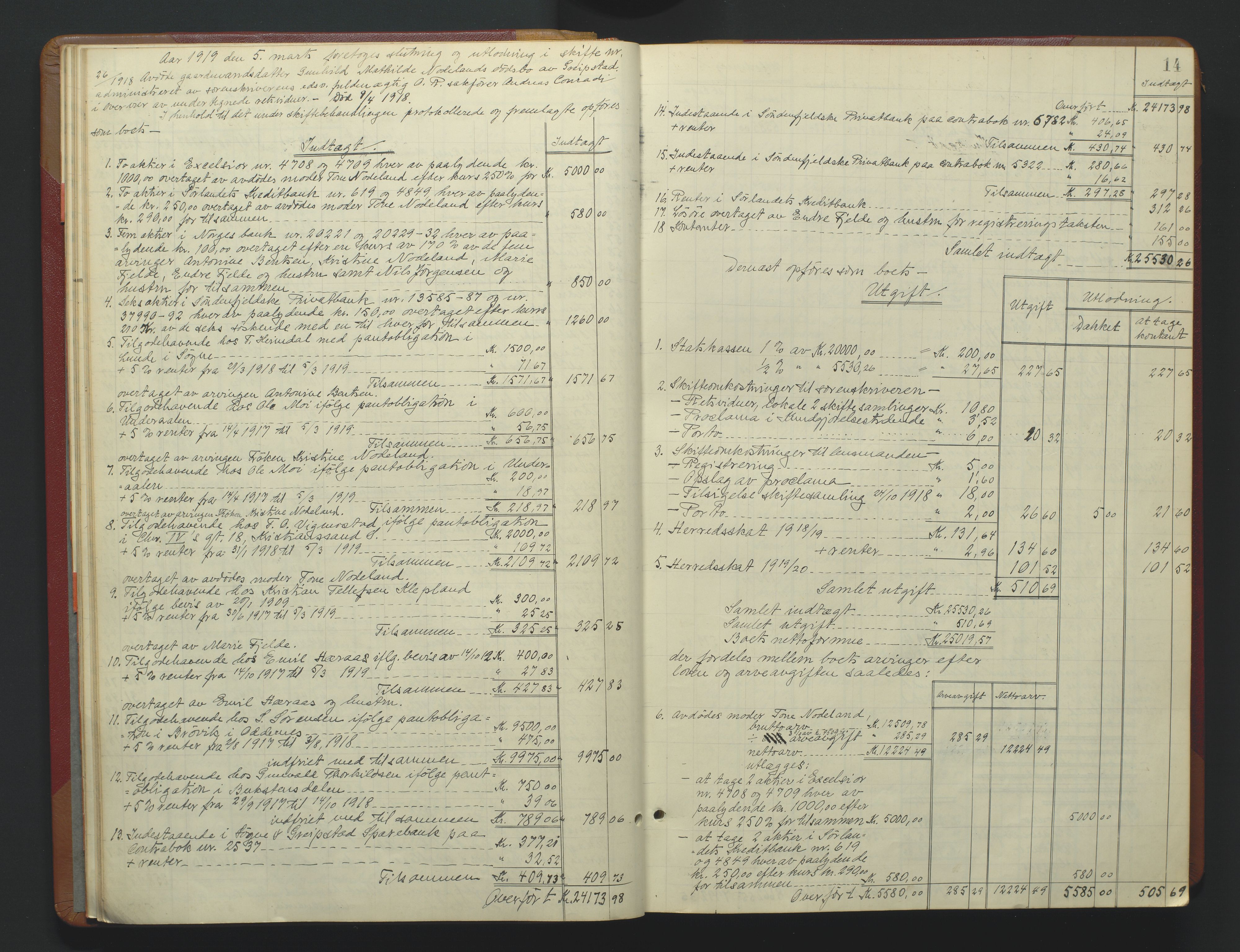 Torridal sorenskriveri, AV/SAK-1221-0012/H/Hc/L0037: Skifteutlodningsprotokoll med navneregister nr. 6, 1918-1927, s. 14