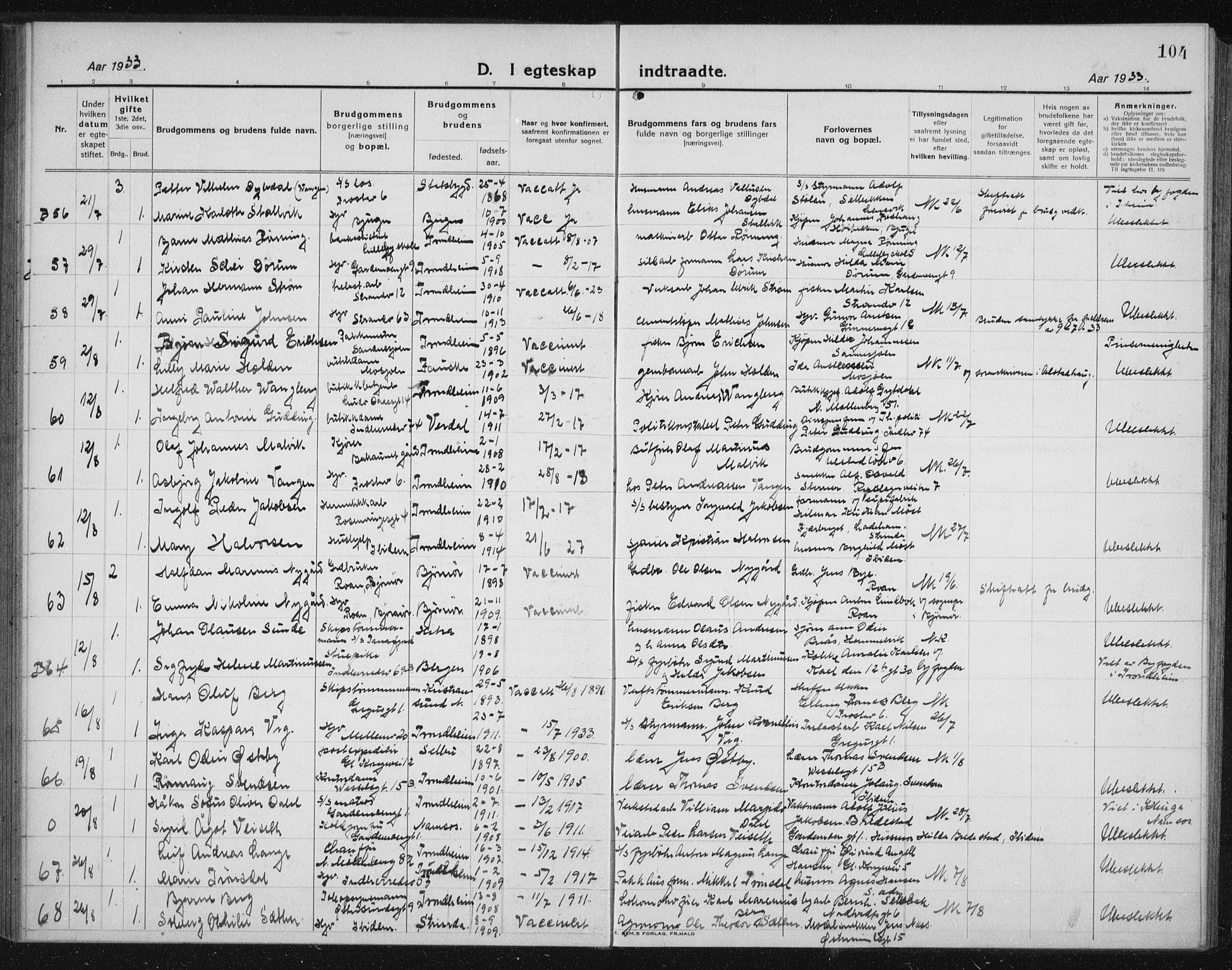 Ministerialprotokoller, klokkerbøker og fødselsregistre - Sør-Trøndelag, AV/SAT-A-1456/605/L0260: Klokkerbok nr. 605C07, 1922-1942, s. 104