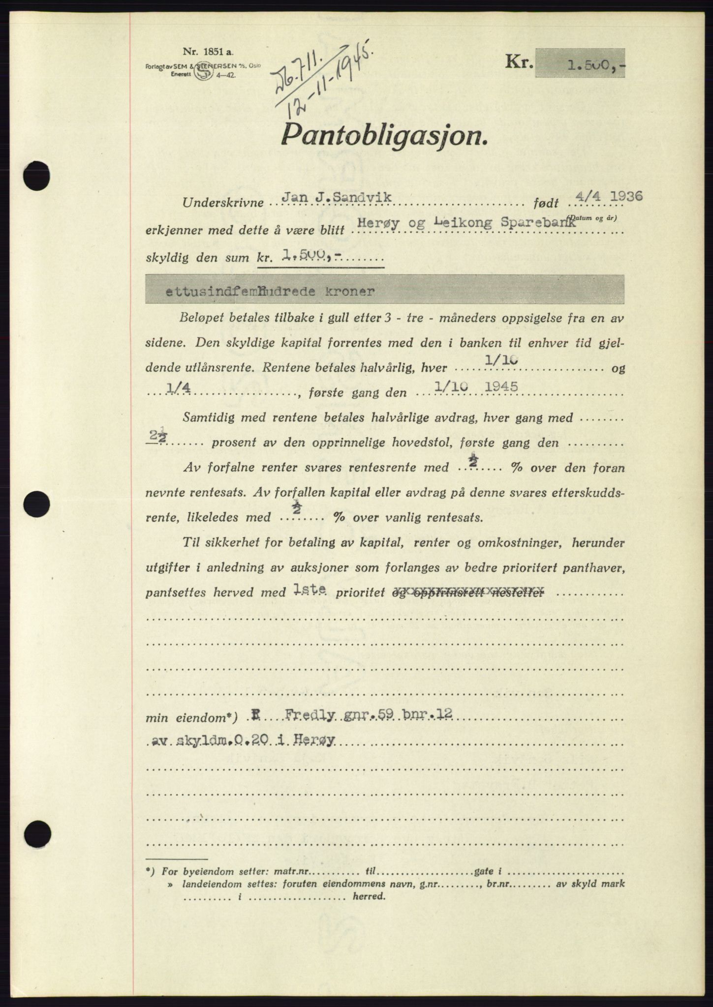 Søre Sunnmøre sorenskriveri, AV/SAT-A-4122/1/2/2C/L0114: Pantebok nr. 1-2B, 1943-1947, Dagboknr: 711/1945