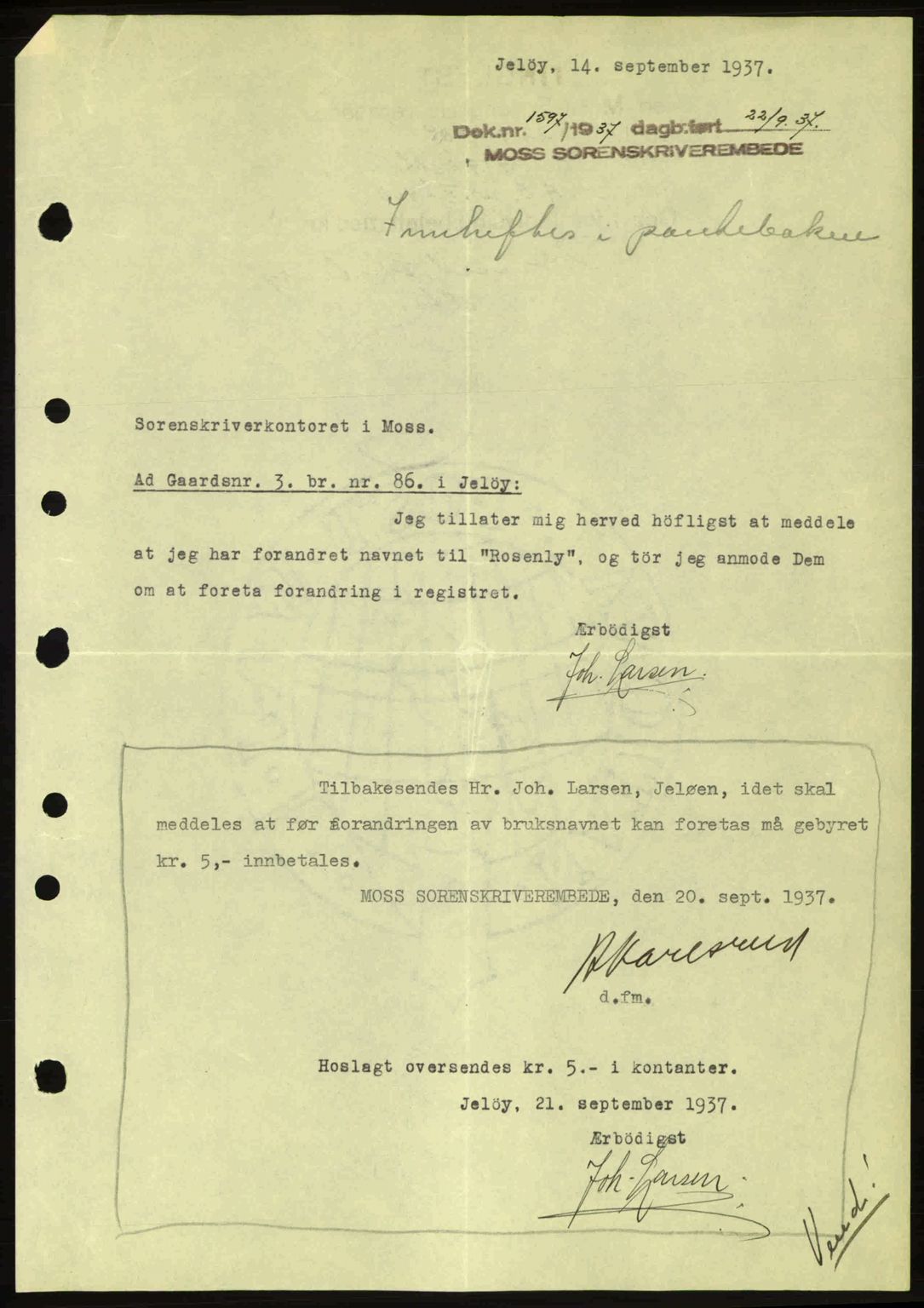 Moss sorenskriveri, SAO/A-10168: Pantebok nr. A3, 1937-1938, Dagboknr: 1597/1937