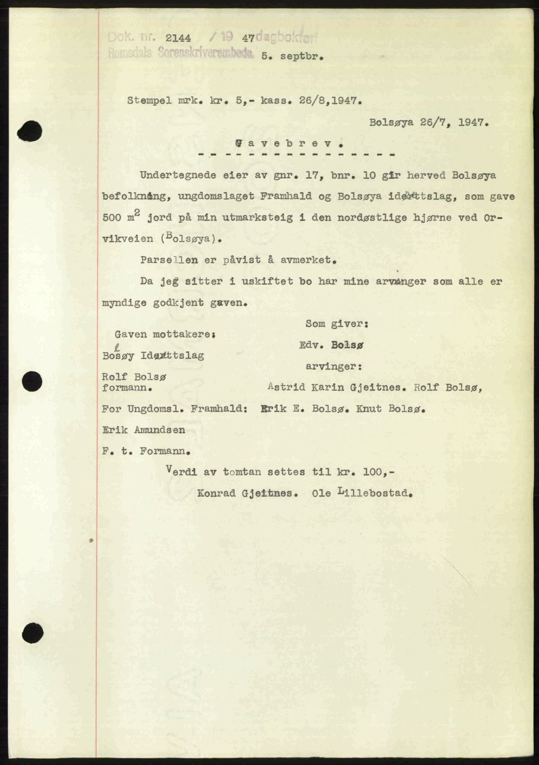 Romsdal sorenskriveri, SAT/A-4149/1/2/2C: Pantebok nr. A24, 1947-1947, Dagboknr: 2144/1947