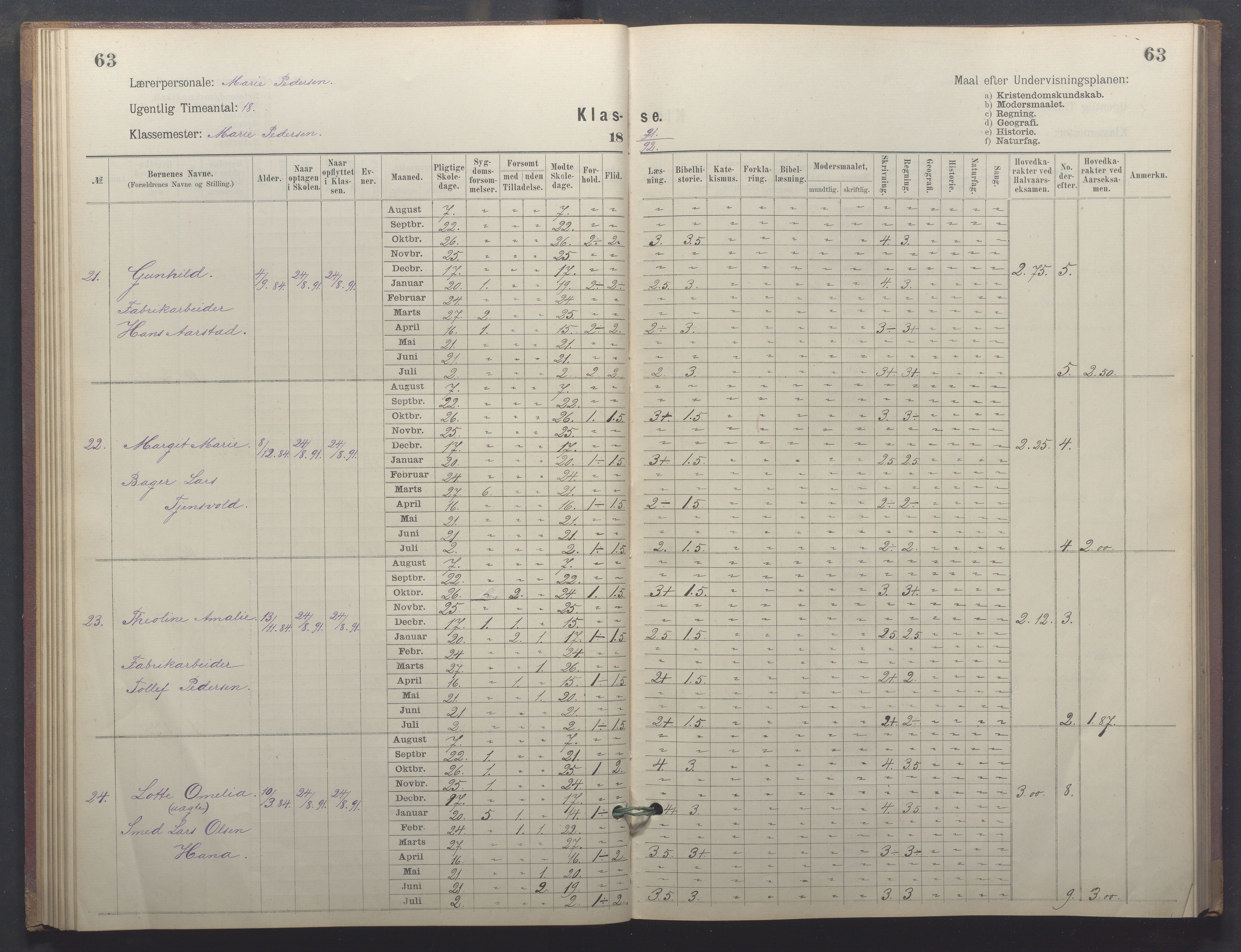 Egersund kommune (Ladested) - Egersund almueskole/folkeskole, IKAR/K-100521/H/L0026: Skoleprotokoll - Almueskolen, 1. klasse, 1889-1893, s. 63