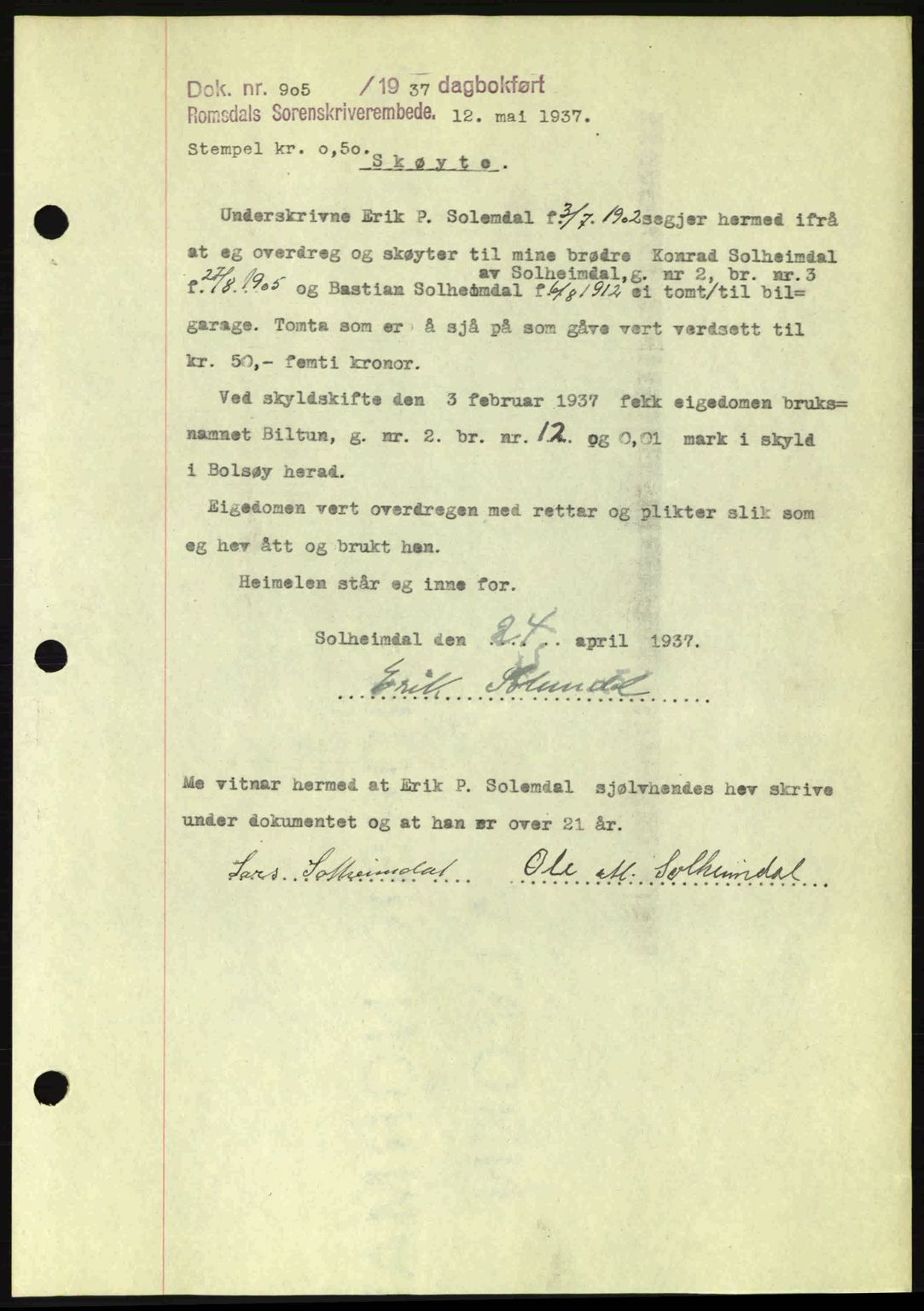 Romsdal sorenskriveri, SAT/A-4149/1/2/2C: Pantebok nr. A3, 1937-1937, Dagboknr: 905/1937