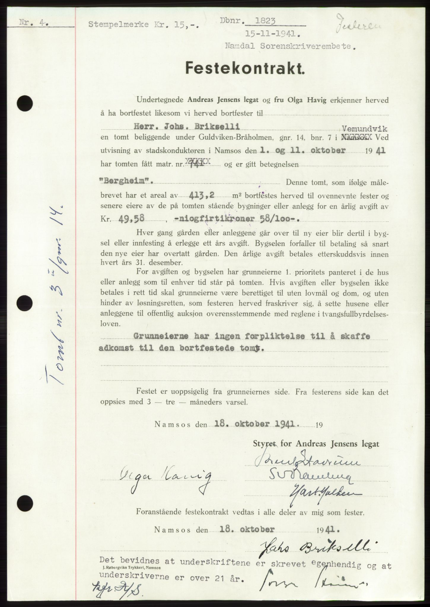Namdal sorenskriveri, SAT/A-4133/1/2/2C: Pantebok nr. -, 1941-1942, Dagboknr: 1823/1941
