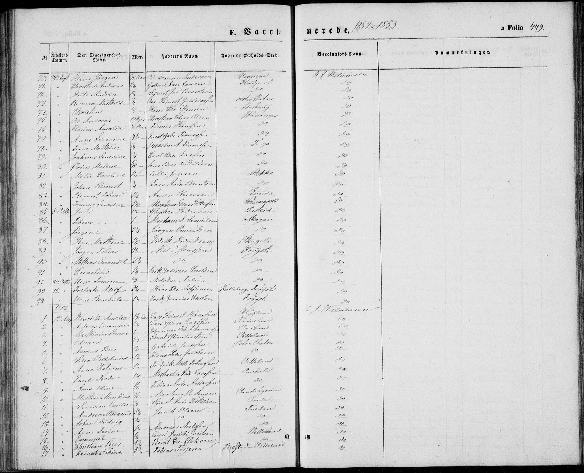 Lista sokneprestkontor, SAK/1111-0027/F/Fb/L0002: Klokkerbok nr. B 2, 1847-1862, s. 449