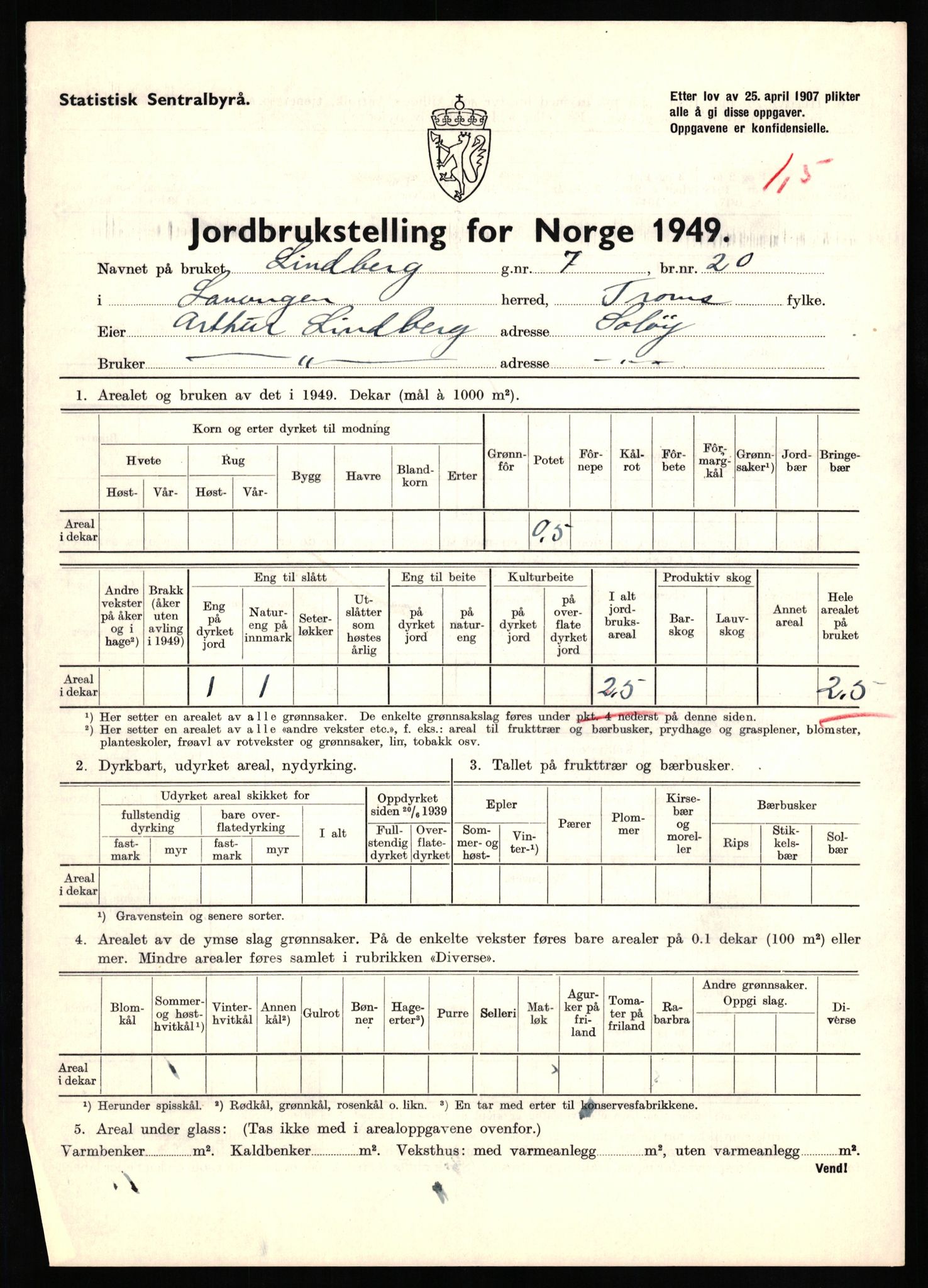 Statistisk sentralbyrå, Næringsøkonomiske emner, Jordbruk, skogbruk, jakt, fiske og fangst, AV/RA-S-2234/G/Gc/L0437: Troms: Gratangen og Lavangen, 1949, s. 26