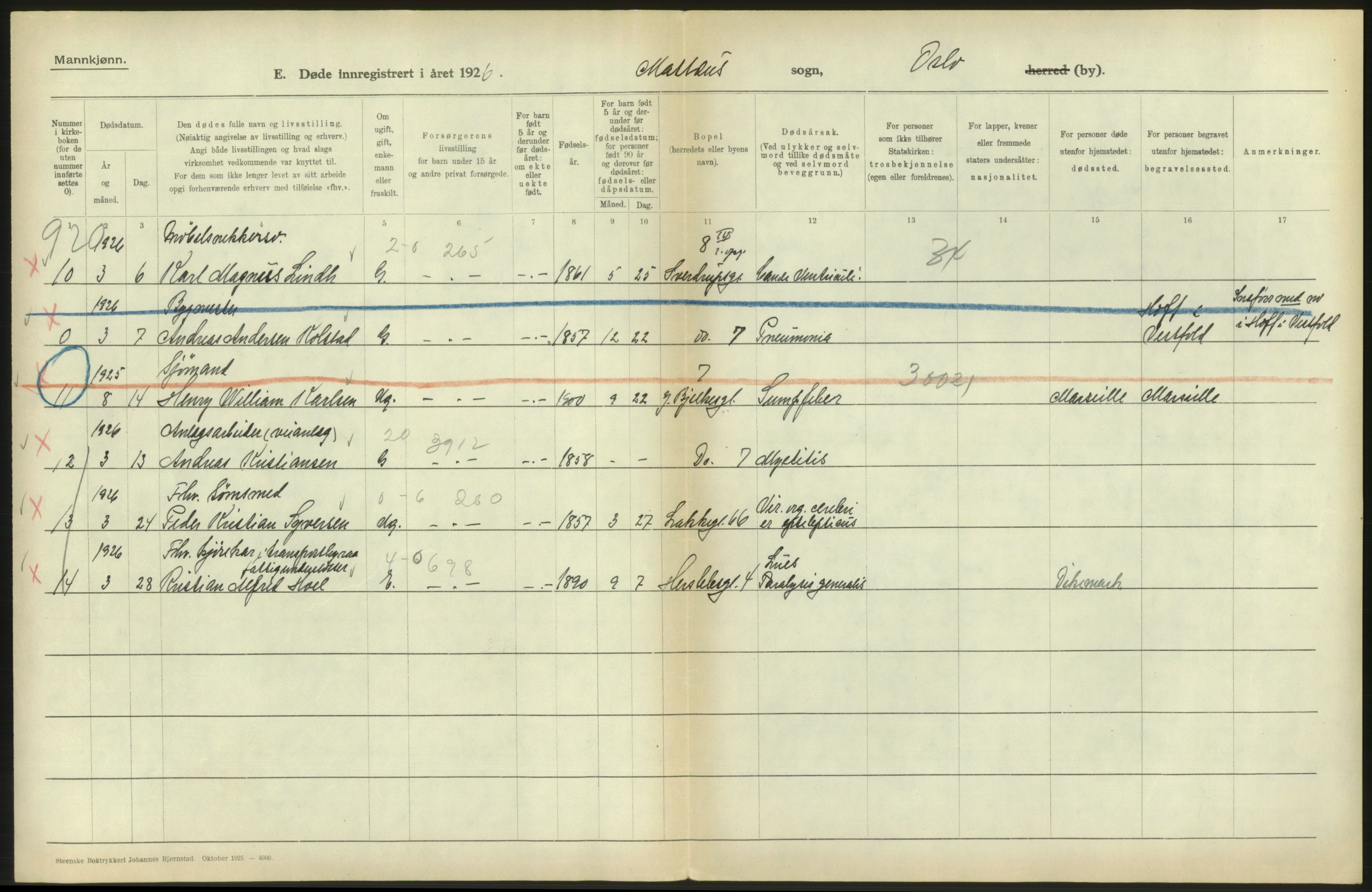 Statistisk sentralbyrå, Sosiodemografiske emner, Befolkning, AV/RA-S-2228/D/Df/Dfc/Dfcf/L0009: Oslo: Døde menn, 1926, s. 534