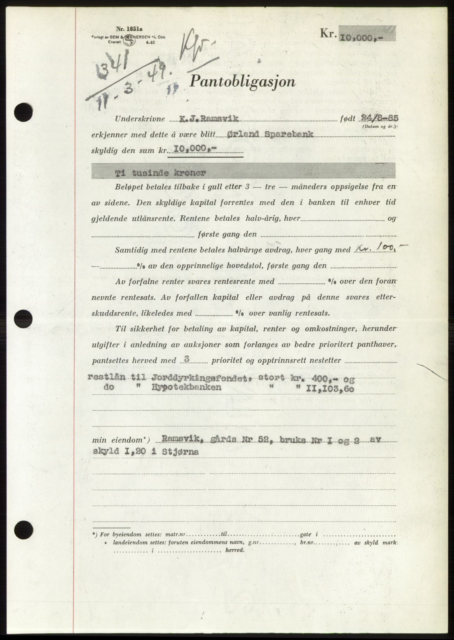 Fosen sorenskriveri, AV/SAT-A-1107/1/2/2C: Pantebok nr. B, 1948-1950, Dagboknr: 341/1949