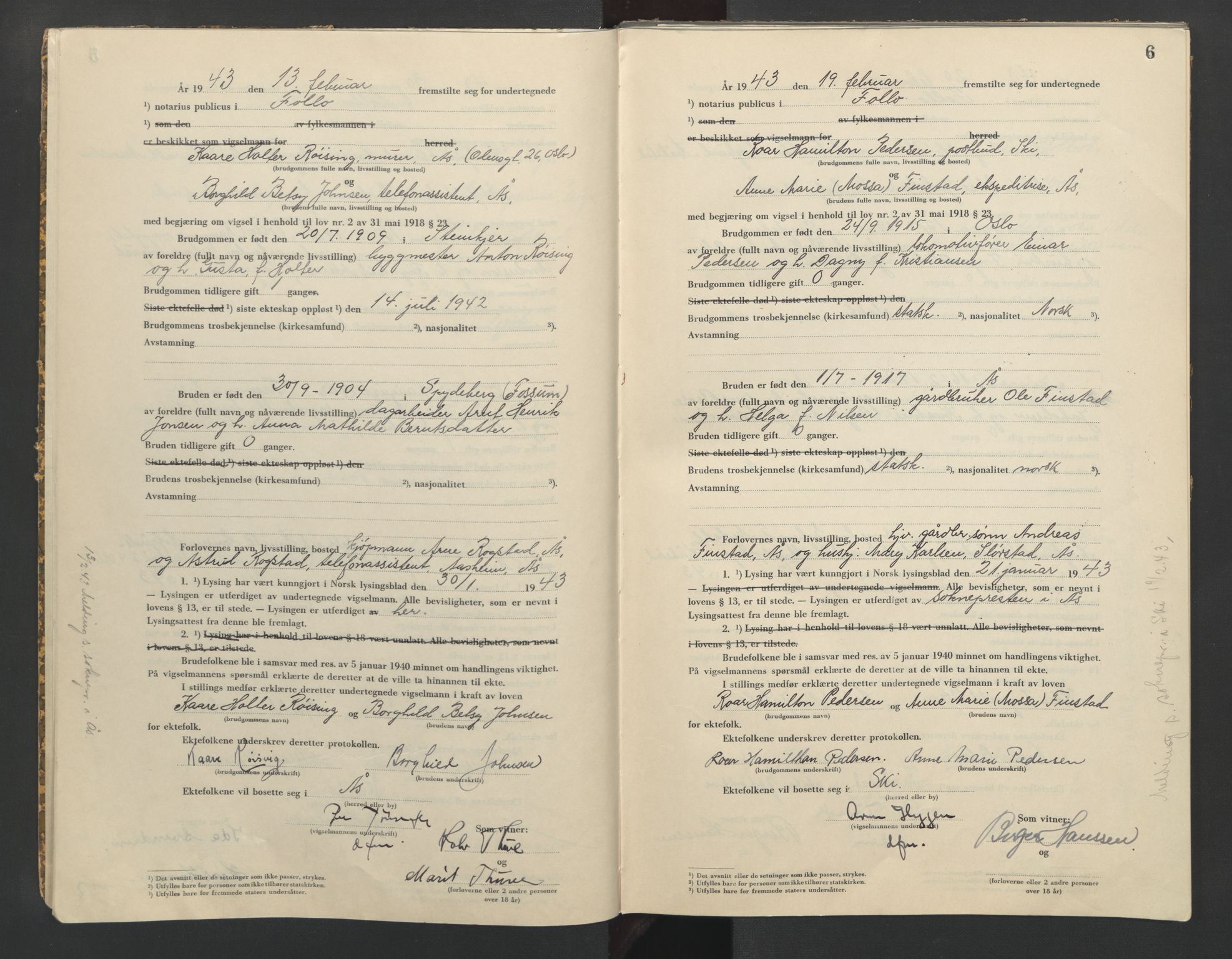 Follo sorenskriveri, AV/SAO-A-10274/L/La/Lab/L0002: Vigselsbok, 1942-1946, s. 6