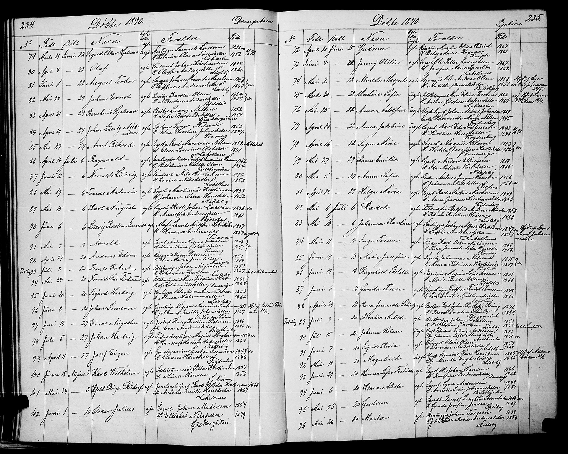 Glemmen prestekontor Kirkebøker, AV/SAO-A-10908/G/Ga/L0005: Klokkerbok nr. 5, 1876-1893, s. 234-235
