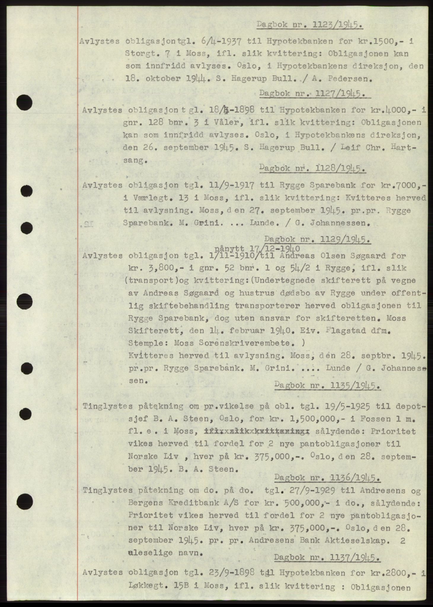 Moss sorenskriveri, SAO/A-10168: Pantebok nr. C10, 1938-1950, Dagboknr: 1123/1945