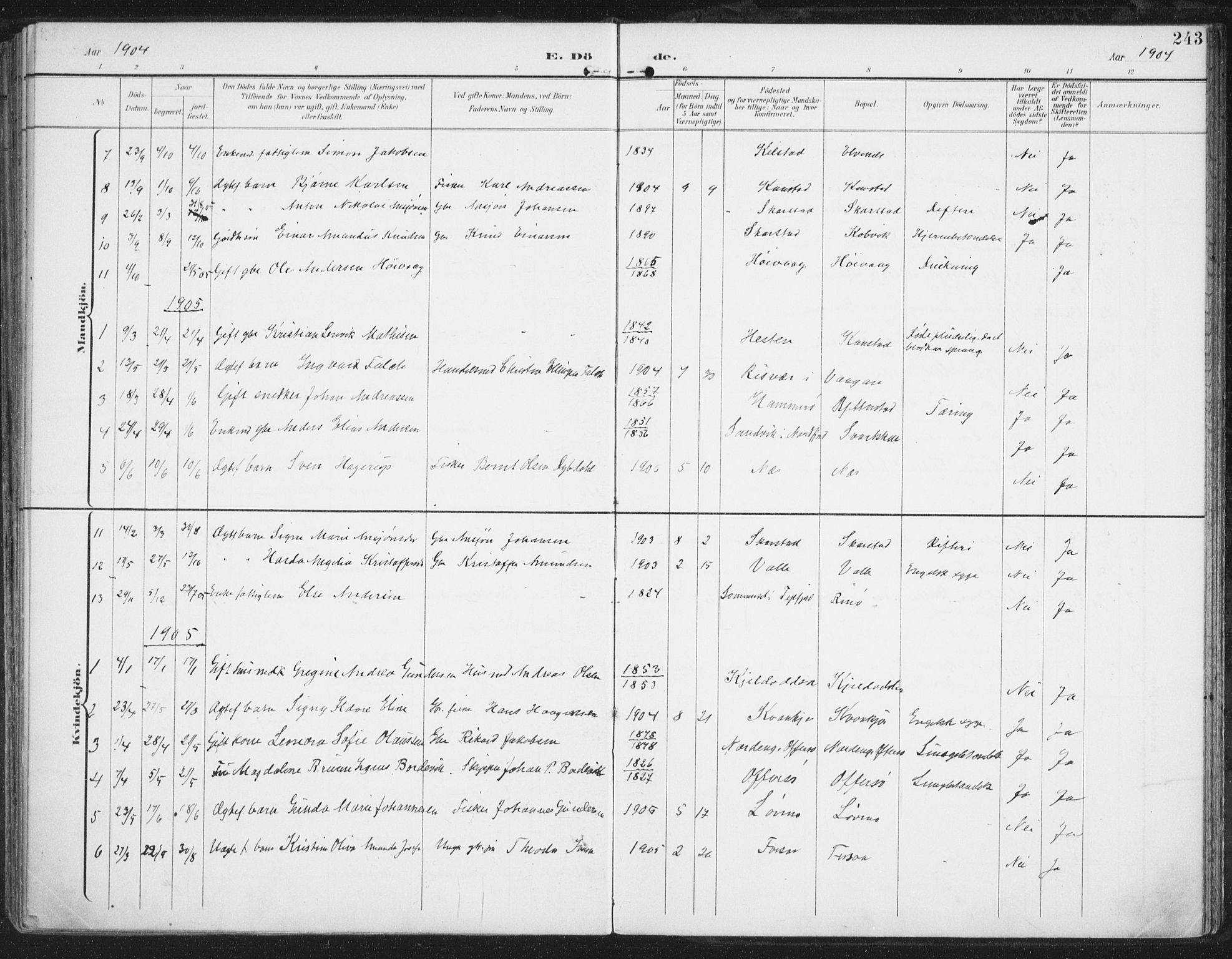 Ministerialprotokoller, klokkerbøker og fødselsregistre - Nordland, SAT/A-1459/872/L1036: Ministerialbok nr. 872A11, 1897-1913, s. 243