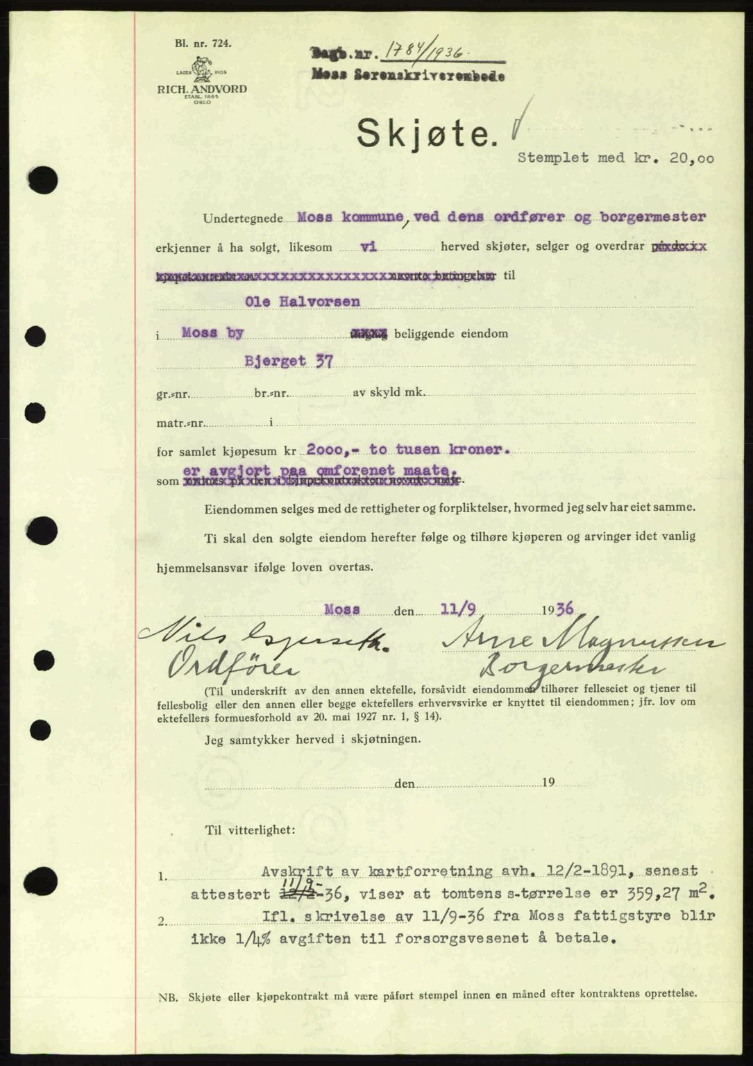 Moss sorenskriveri, SAO/A-10168: Pantebok nr. A1, 1936-1936, Dagboknr: 1784/1936