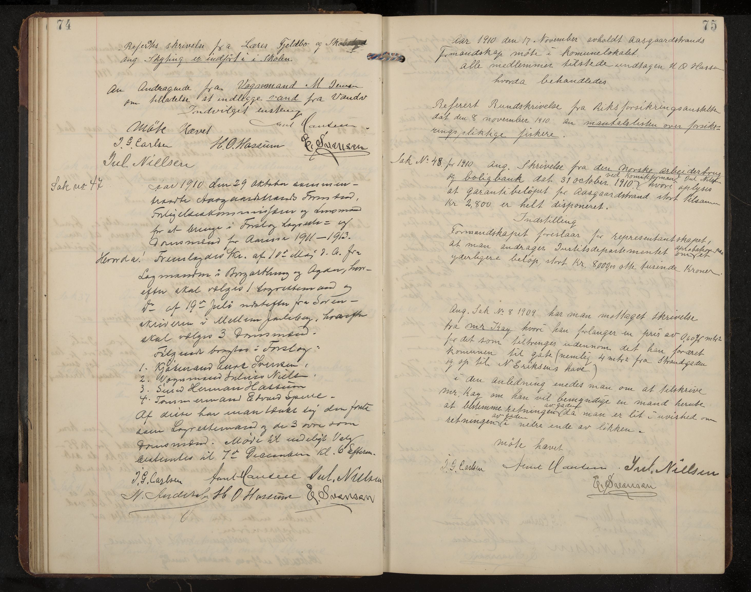 Åsgårdstrand formannskap og sentraladministrasjon, IKAK/0704021/A/L0004: Møtebok med register, 1908-1915, s. 74-75