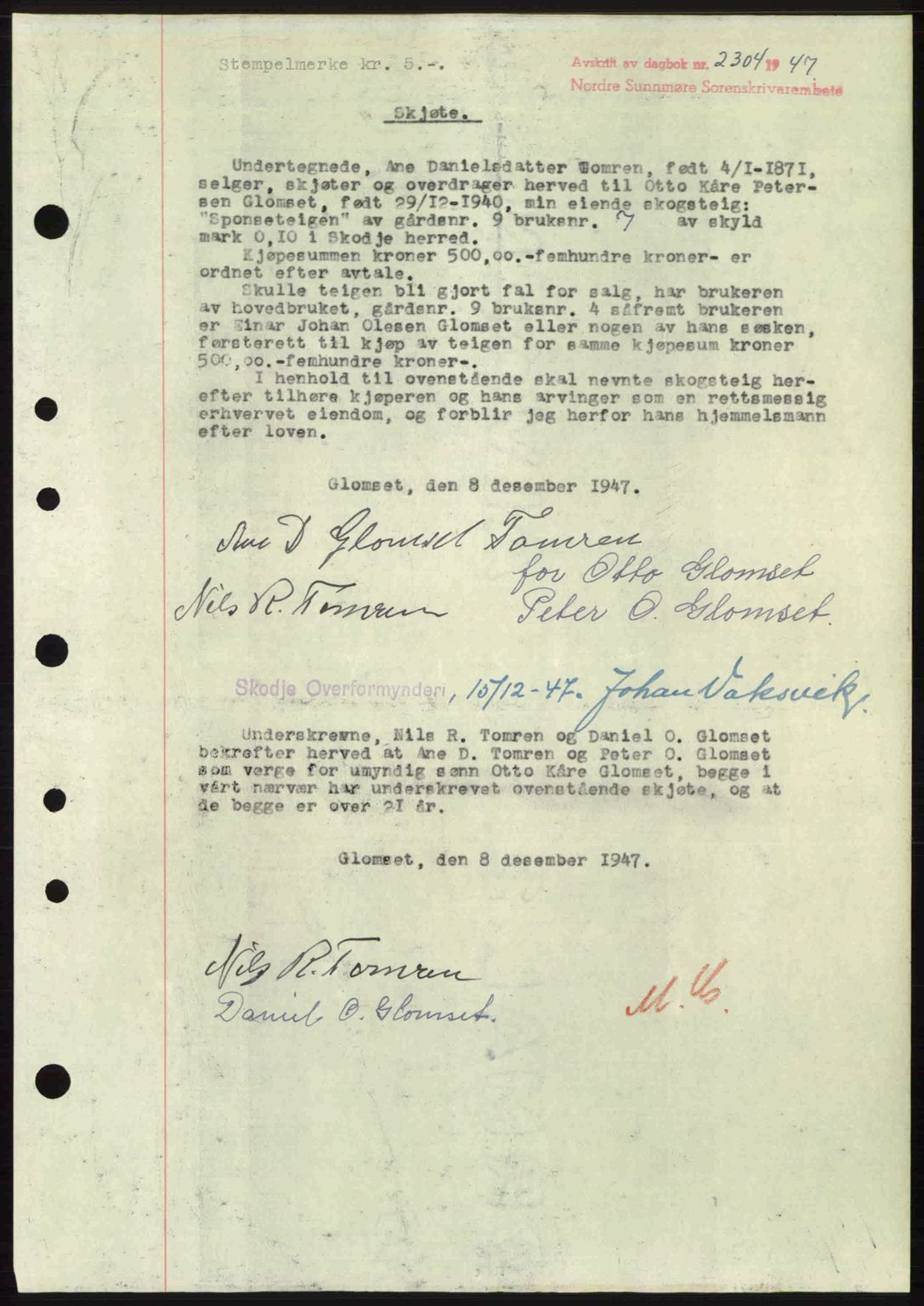 Nordre Sunnmøre sorenskriveri, AV/SAT-A-0006/1/2/2C/2Ca: Pantebok nr. A26, 1947-1948, Dagboknr: 2304/1947