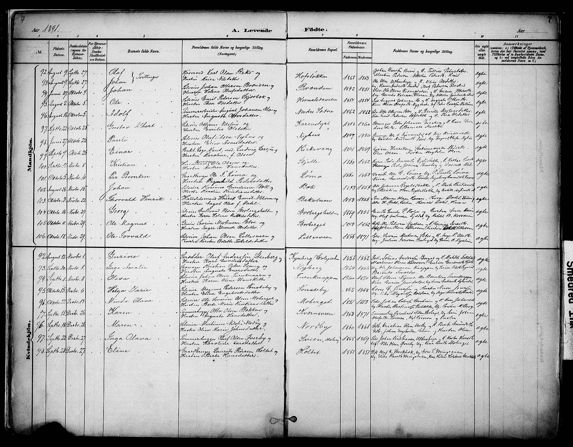 Elverum prestekontor, AV/SAH-PREST-044/H/Ha/Haa/L0014: Ministerialbok nr. 14, 1891-1909, s. 7