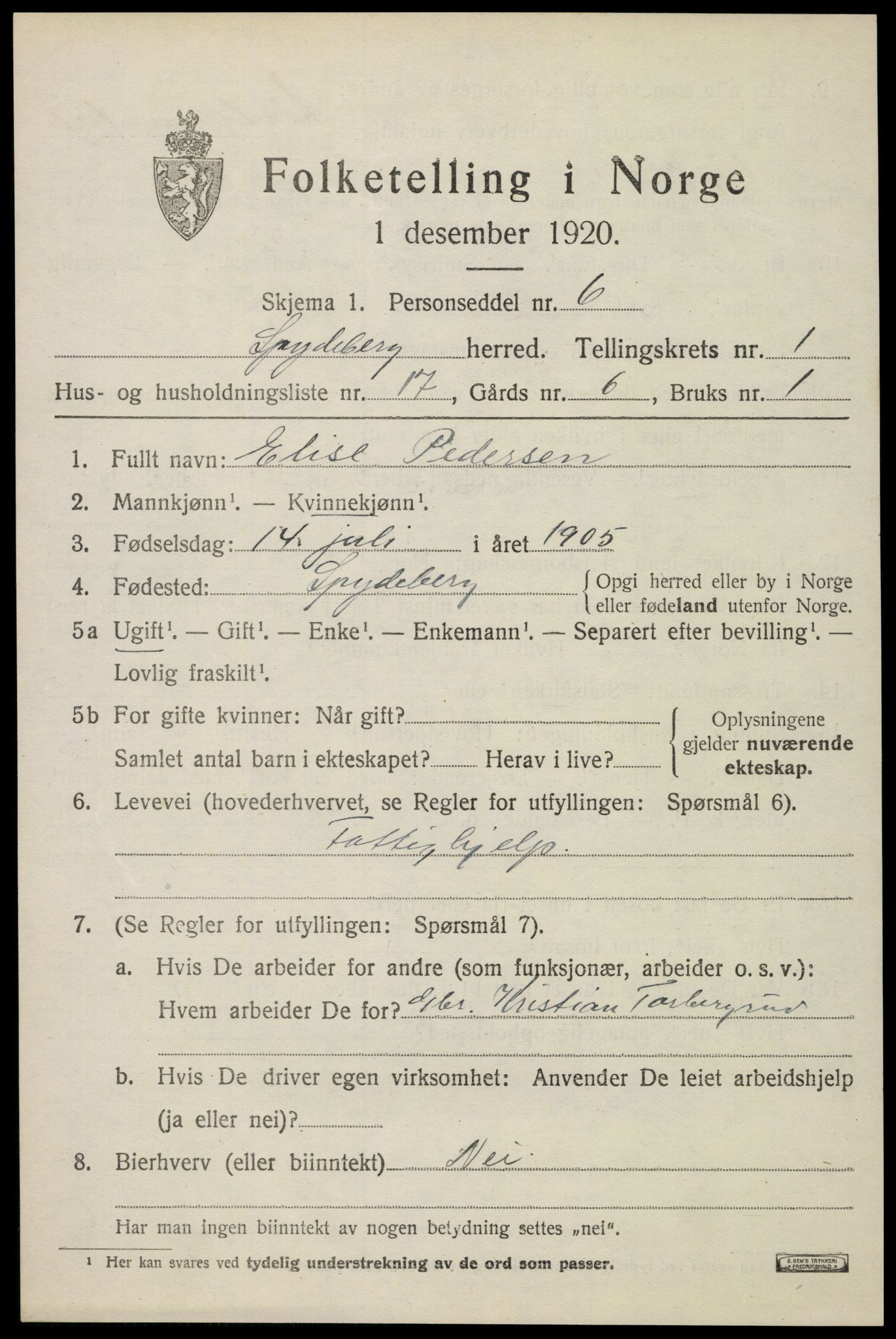SAO, Folketelling 1920 for 0123 Spydeberg herred, 1920, s. 1275