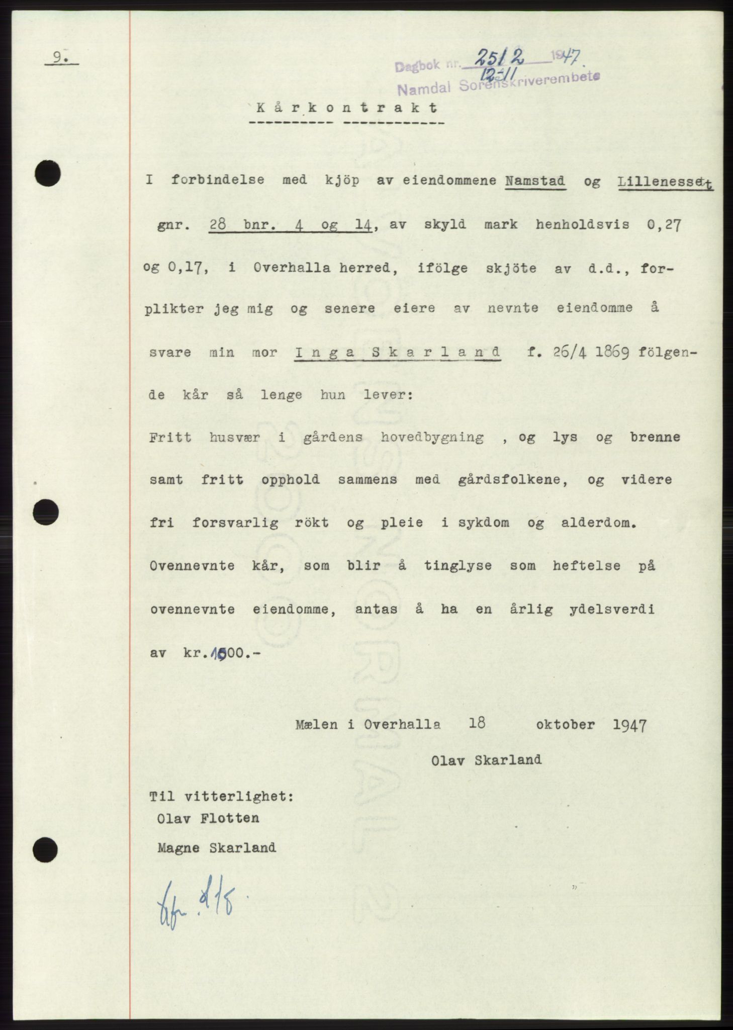 Namdal sorenskriveri, SAT/A-4133/1/2/2C: Pantebok nr. -, 1947-1948, Dagboknr: 2512/1947