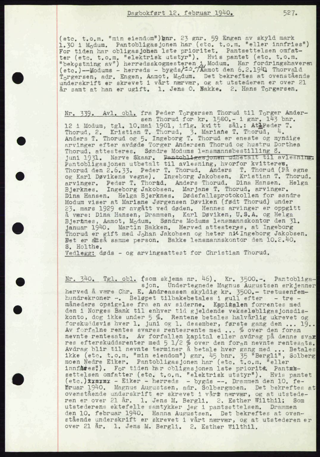 Eiker, Modum og Sigdal sorenskriveri, SAKO/A-123/G/Ga/Gab/L0041: Pantebok nr. A11, 1939-1940, Dagboknr: 339/1940