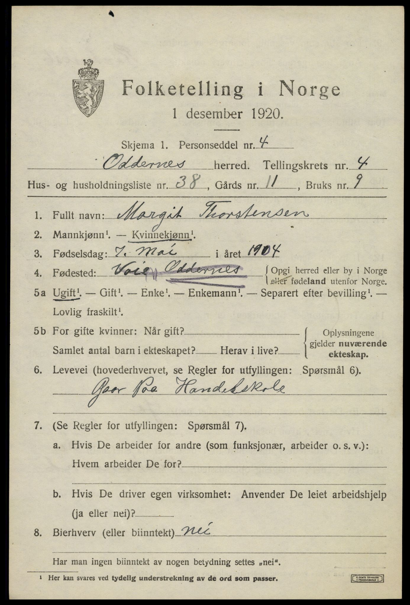 SAK, Folketelling 1920 for 1012 Oddernes herred, 1920, s. 4413