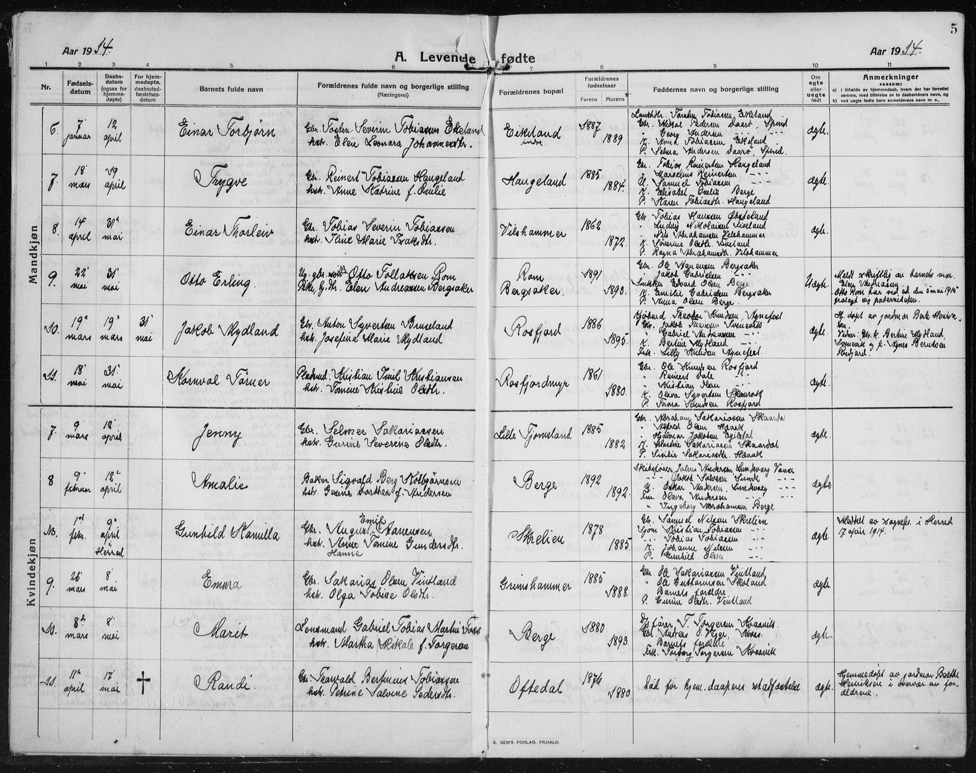 Lyngdal sokneprestkontor, AV/SAK-1111-0029/F/Fb/Fbc/L0006: Klokkerbok nr. B 6, 1914-1934, s. 5