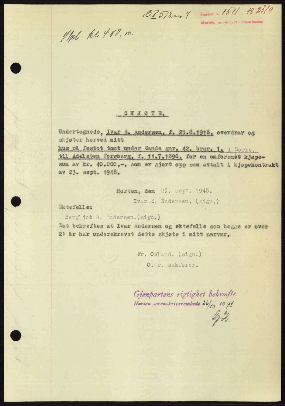 Horten sorenskriveri, SAKO/A-133/G/Ga/Gaa/L0011: Pantebok nr. A-11, 1948-1948, Dagboknr: 1511/1948