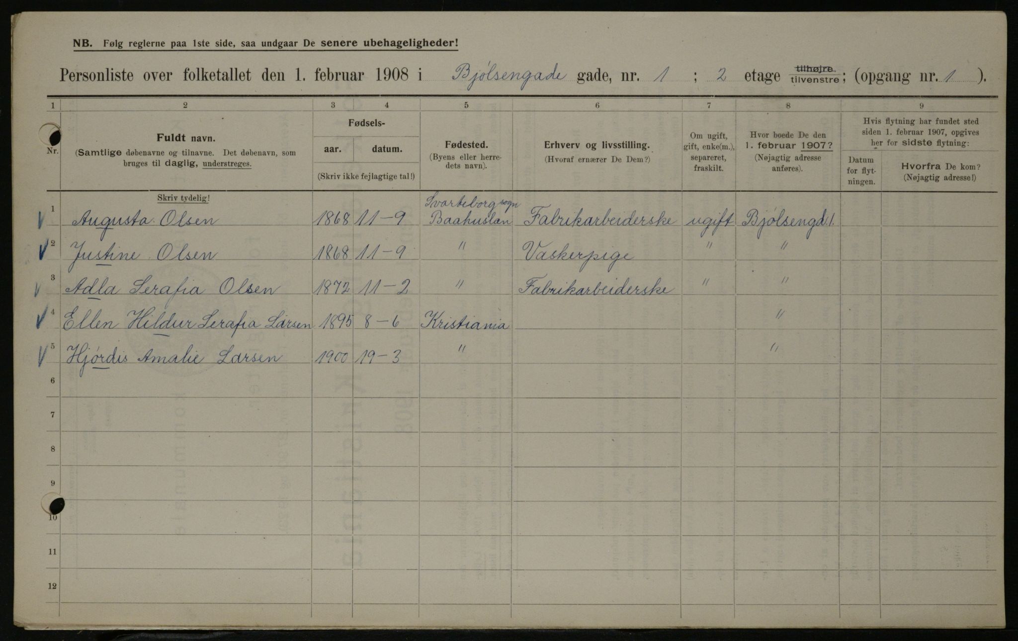 OBA, Kommunal folketelling 1.2.1908 for Kristiania kjøpstad, 1908, s. 6305