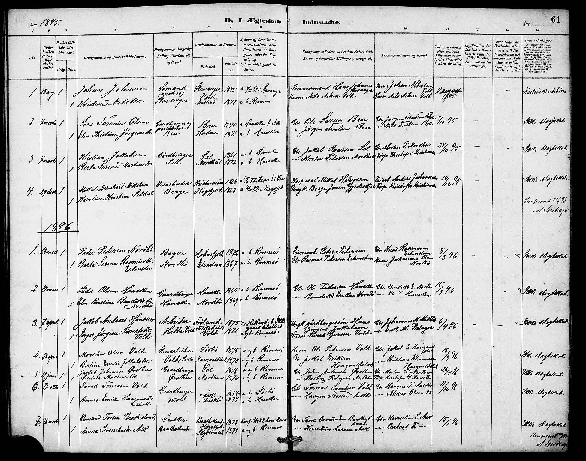 Rennesøy sokneprestkontor, AV/SAST-A -101827/H/Ha/Hab/L0010: Klokkerbok nr. B 9, 1890-1918, s. 61