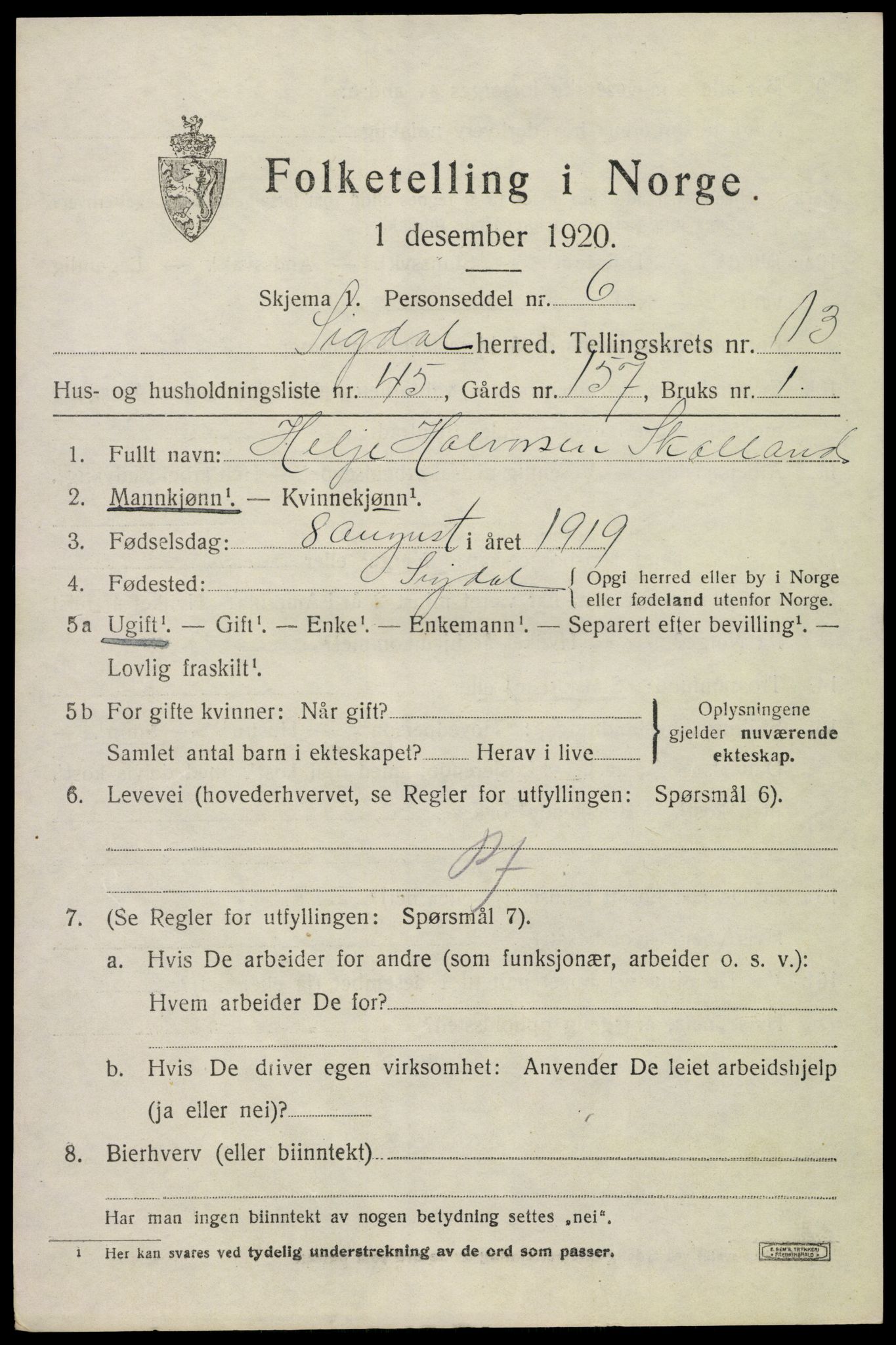 SAKO, Folketelling 1920 for 0621 Sigdal herred, 1920, s. 8512