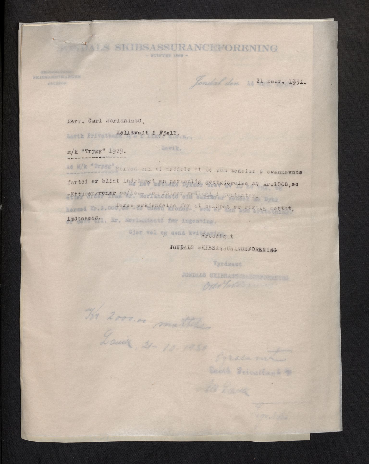 Jondal Skipsassuranseforening, AV/SAB-SAB/PA-0276/E/L0101: Korrespondanse , 1930