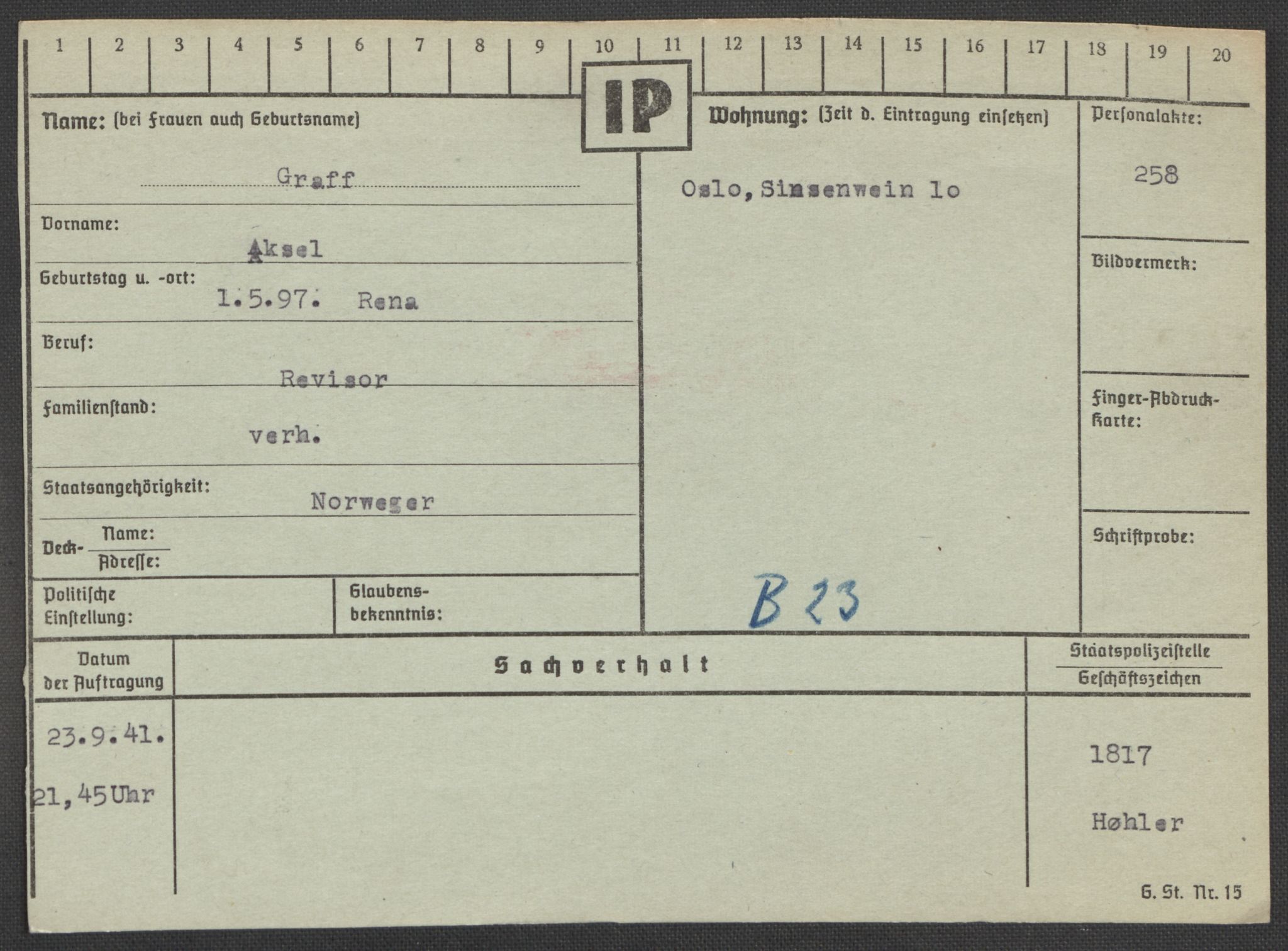 Befehlshaber der Sicherheitspolizei und des SD, RA/RAFA-5969/E/Ea/Eaa/L0003: Register over norske fanger i Møllergata 19: Eng-Hag, 1940-1945, s. 915