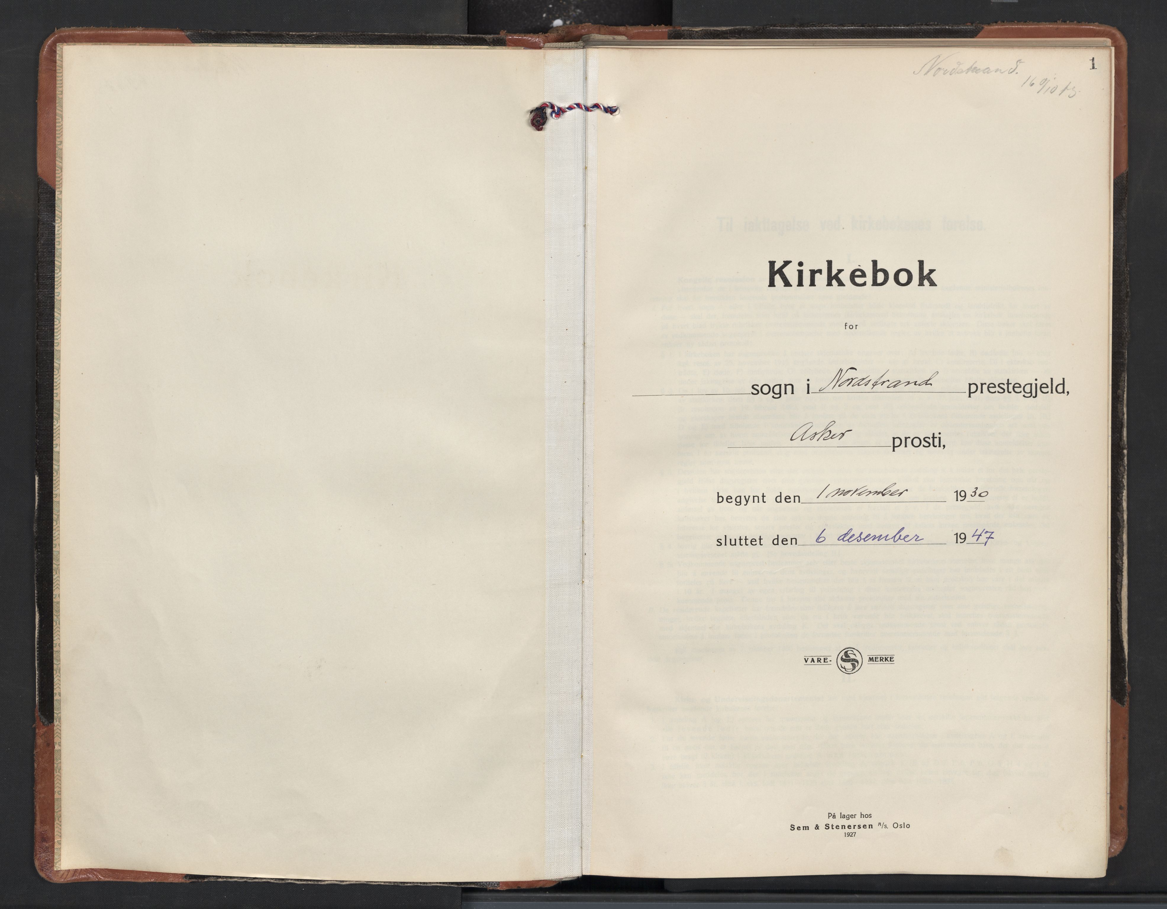 Nordstrand prestekontor Kirkebøker, SAO/A-10362a/F/Fa/L0007: Ministerialbok nr. I 7, 1930-1947, s. 1