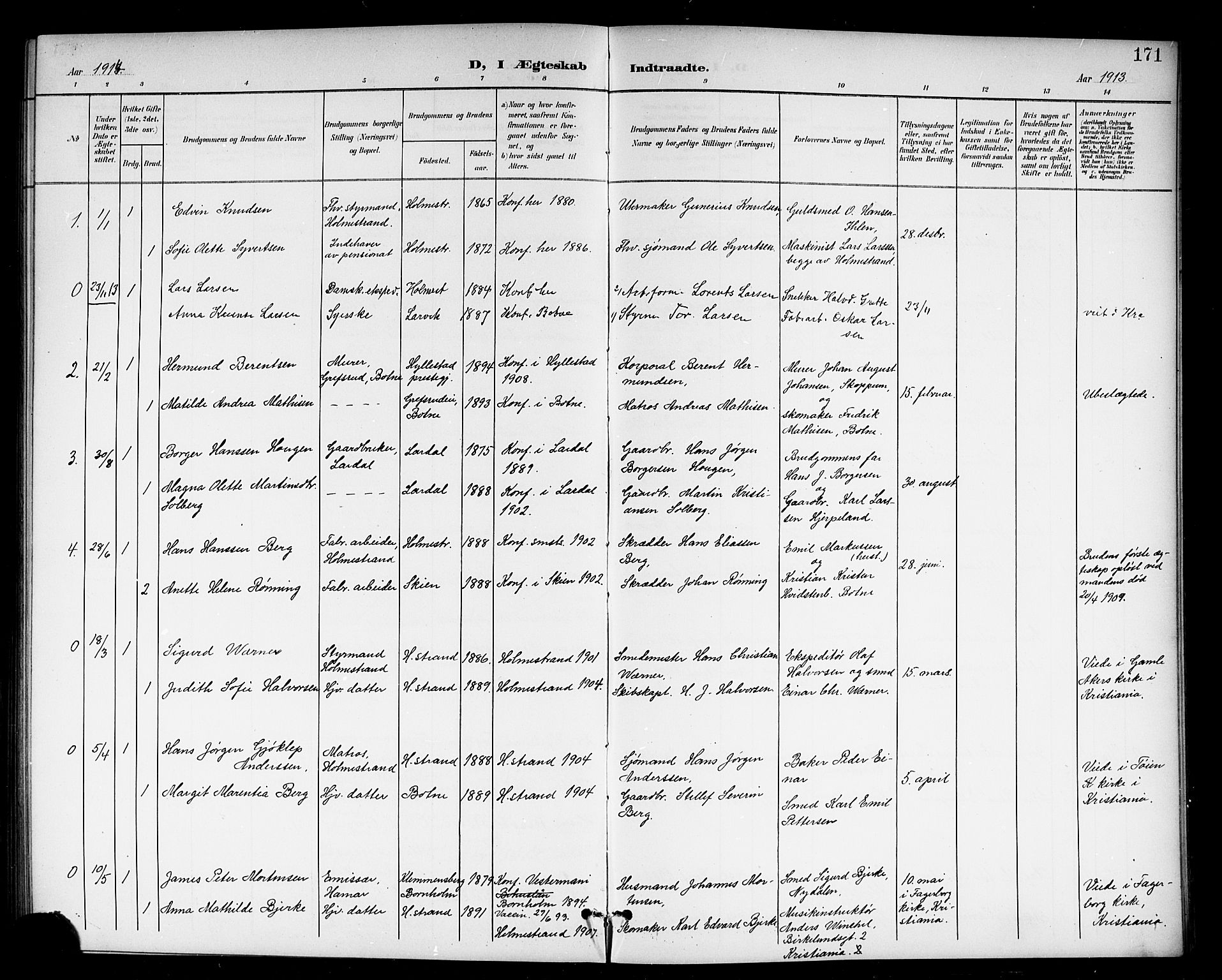 Holmestrand kirkebøker, AV/SAKO-A-346/G/Ga/L0006: Klokkerbok nr. 6, 1901-1923, s. 171