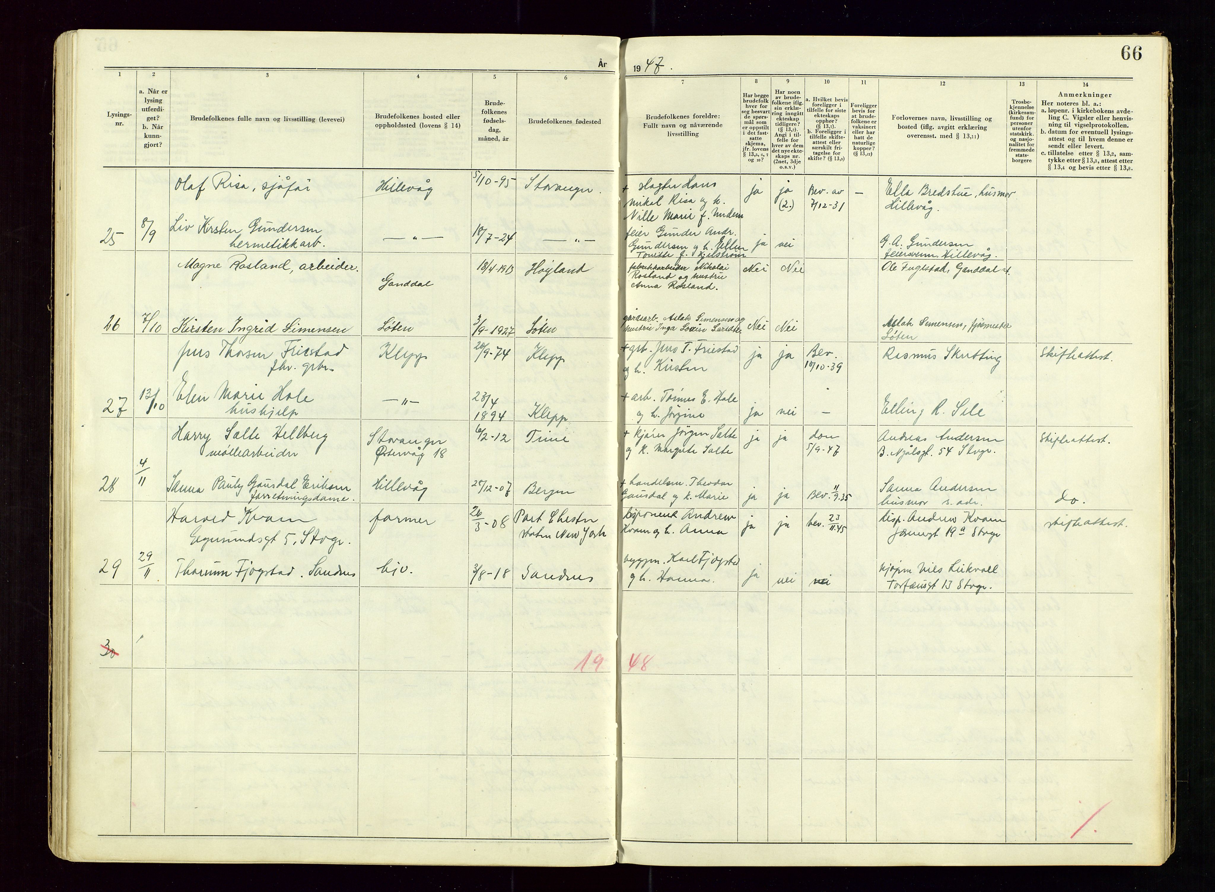 Sandnes sorenskriveri, AV/SAST-A-100312/02/I/Ic/L0001: Vigsel (Lysingsbok), 1944-1954, s. 66