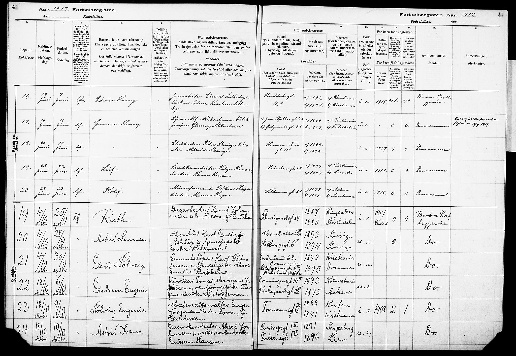 Krohgstøtten sykehusprest Kirkebøker, AV/SAO-A-10854/J/Ja/L0001: Fødselsregister nr. 1, 1917-1928, s. 4