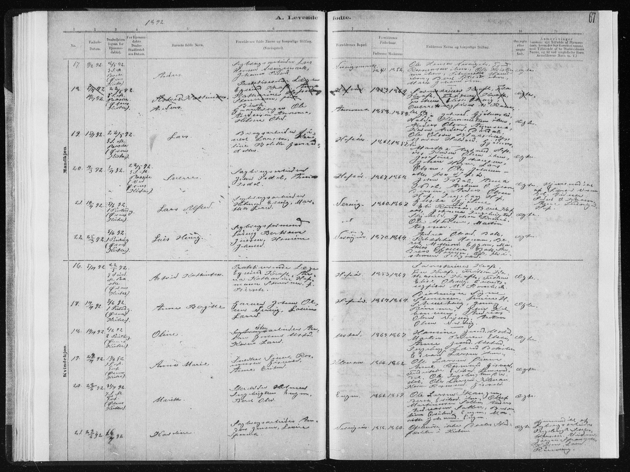 Ministerialprotokoller, klokkerbøker og fødselsregistre - Sør-Trøndelag, SAT/A-1456/668/L0818: Klokkerbok nr. 668C07, 1885-1898, s. 67