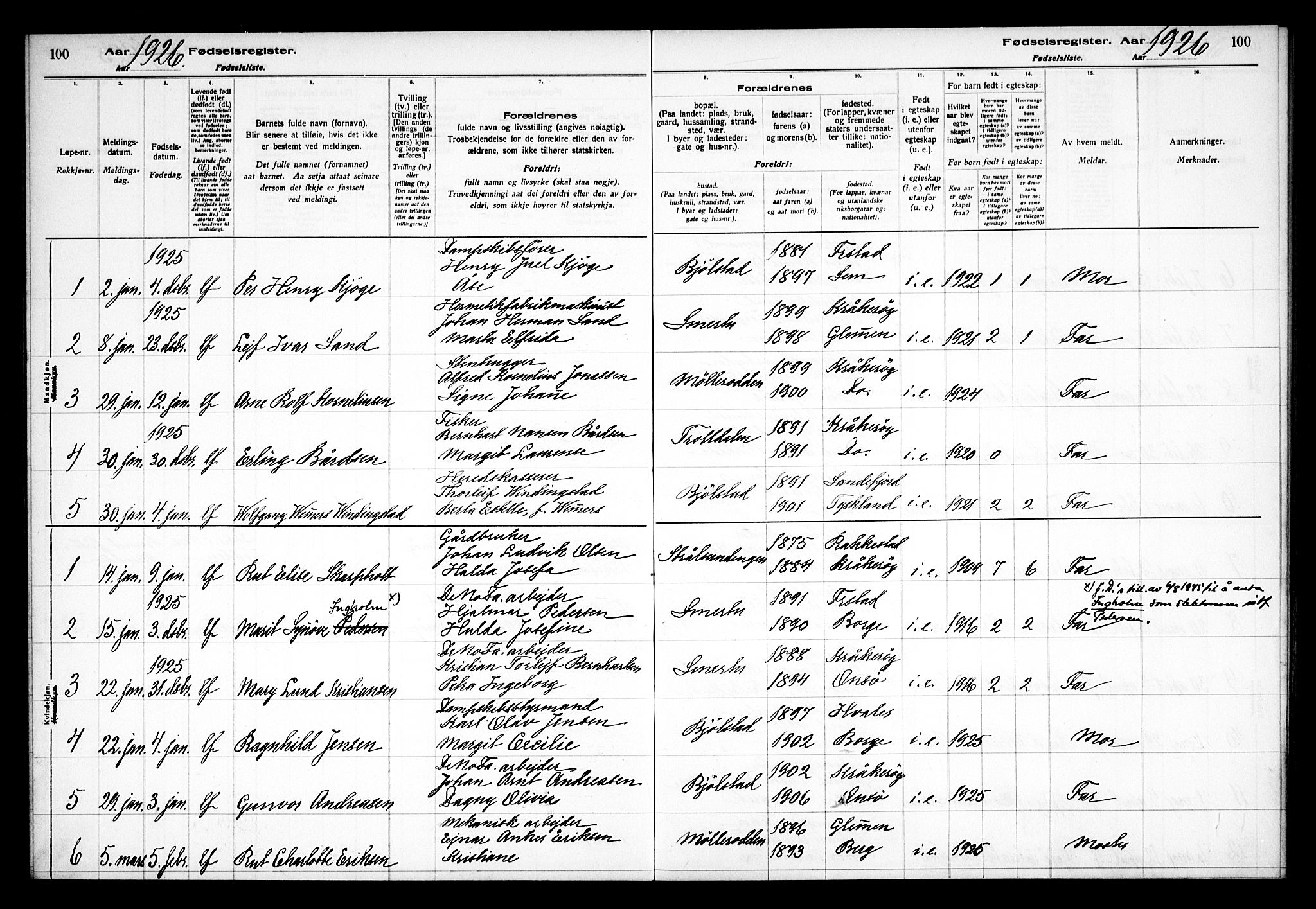 Kråkerøy prestekontor Kirkebøker, AV/SAO-A-10912/J/Ja/L0001: Fødselsregister nr. 1, 1916-1938, s. 100