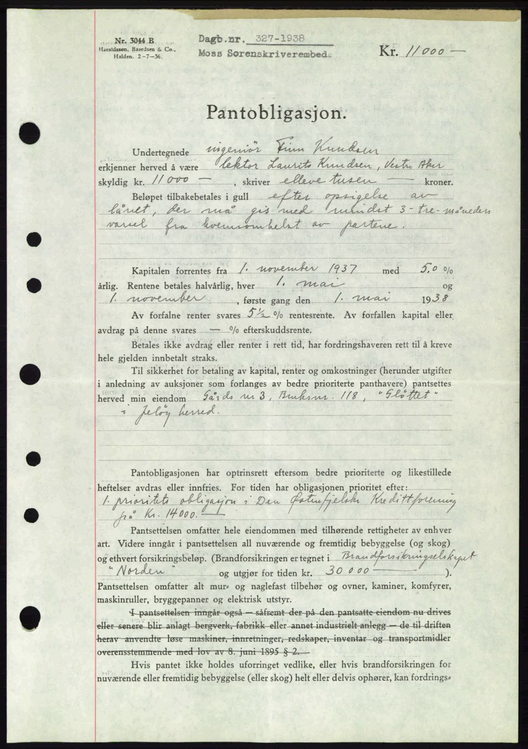 Moss sorenskriveri, AV/SAO-A-10168: Pantebok nr. B5, 1938-1938, Dagboknr: 327/1938