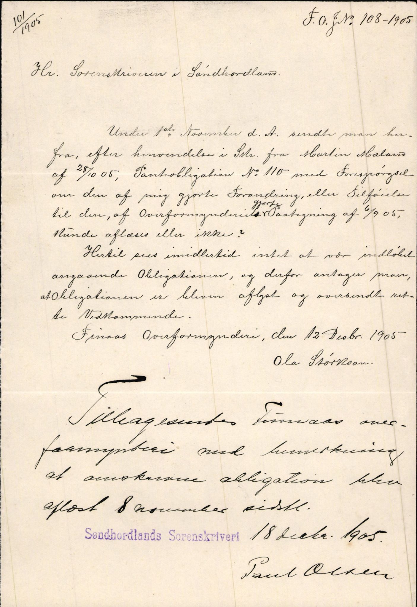 Finnaas kommune. Overformynderiet, IKAH/1218a-812/D/Da/Daa/L0002/0003: Kronologisk ordna korrespondanse / Kronologisk ordna korrespondanse, 1905-1909, s. 45