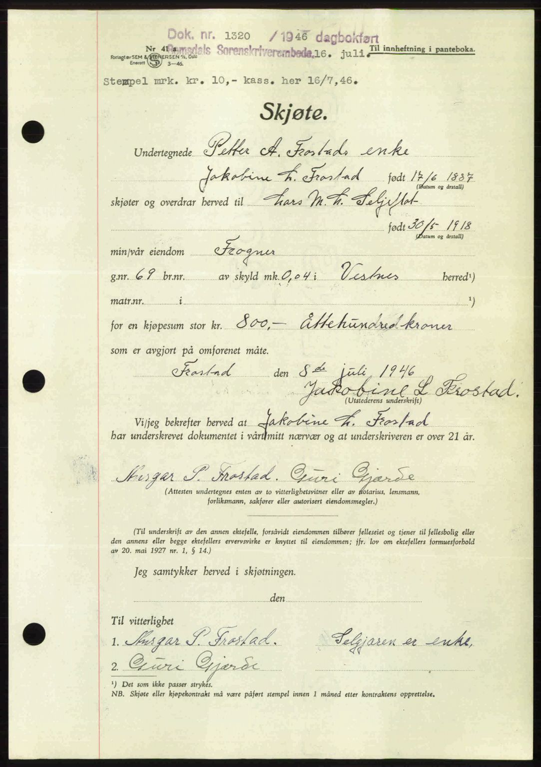 Romsdal sorenskriveri, AV/SAT-A-4149/1/2/2C: Pantebok nr. A20, 1946-1946, Dagboknr: 1320/1946