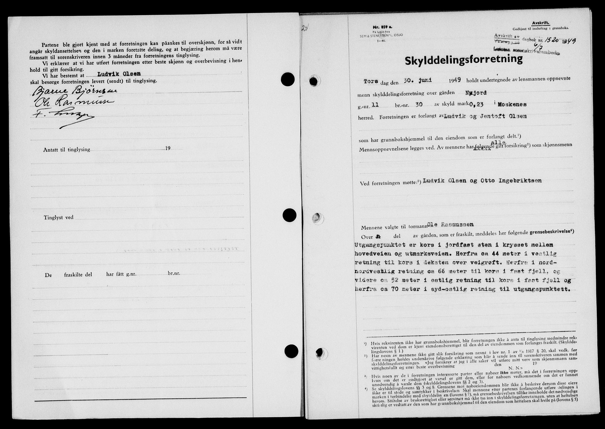 Lofoten sorenskriveri, SAT/A-0017/1/2/2C/L0021a: Pantebok nr. 21a, 1949-1949, Dagboknr: 1520/1949