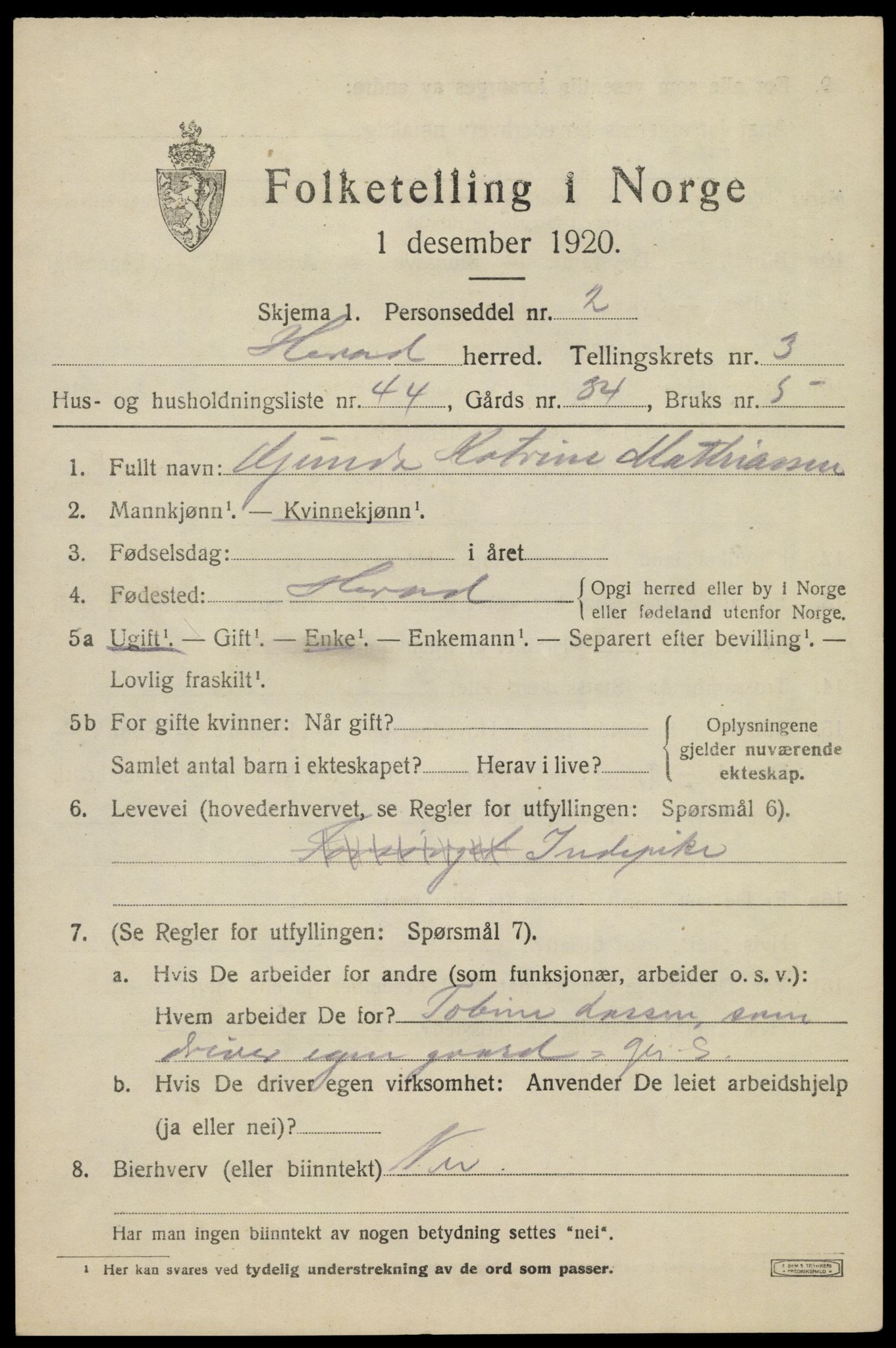 SAK, Folketelling 1920 for 1039 Herad herred, 1920, s. 1668