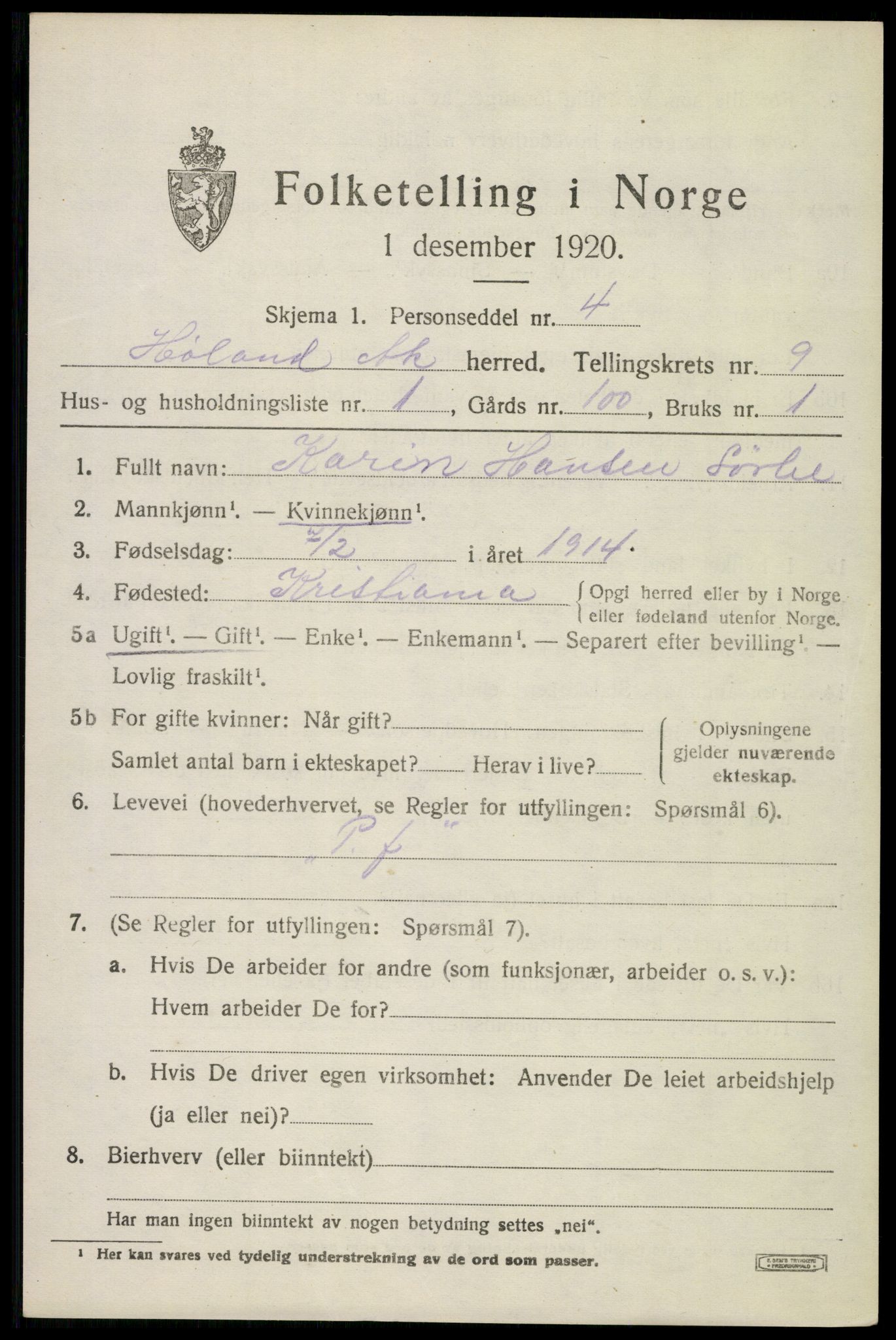 SAO, Folketelling 1920 for 0221 Høland herred, 1920, s. 10019