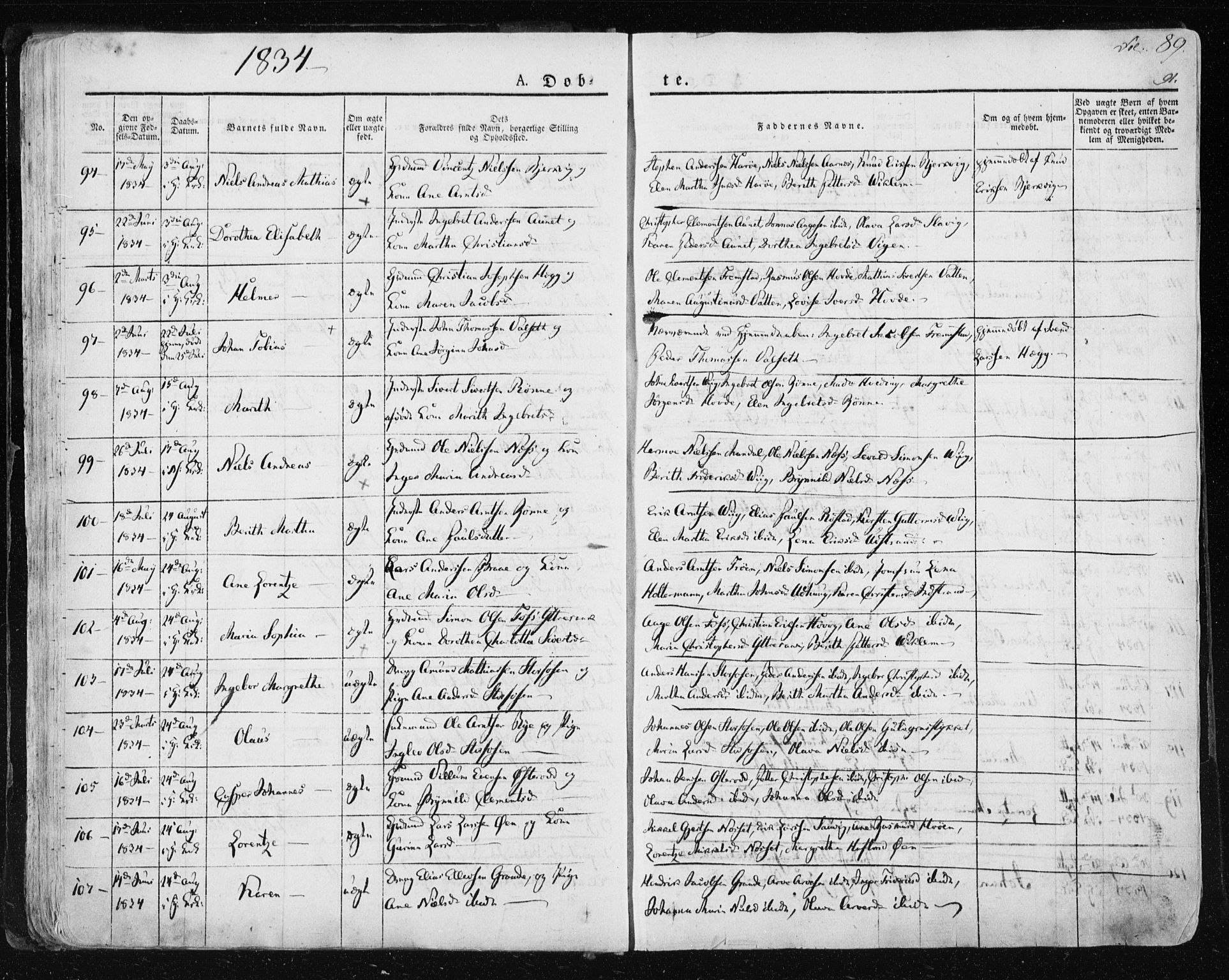 Ministerialprotokoller, klokkerbøker og fødselsregistre - Sør-Trøndelag, SAT/A-1456/659/L0735: Ministerialbok nr. 659A05, 1826-1841, s. 89